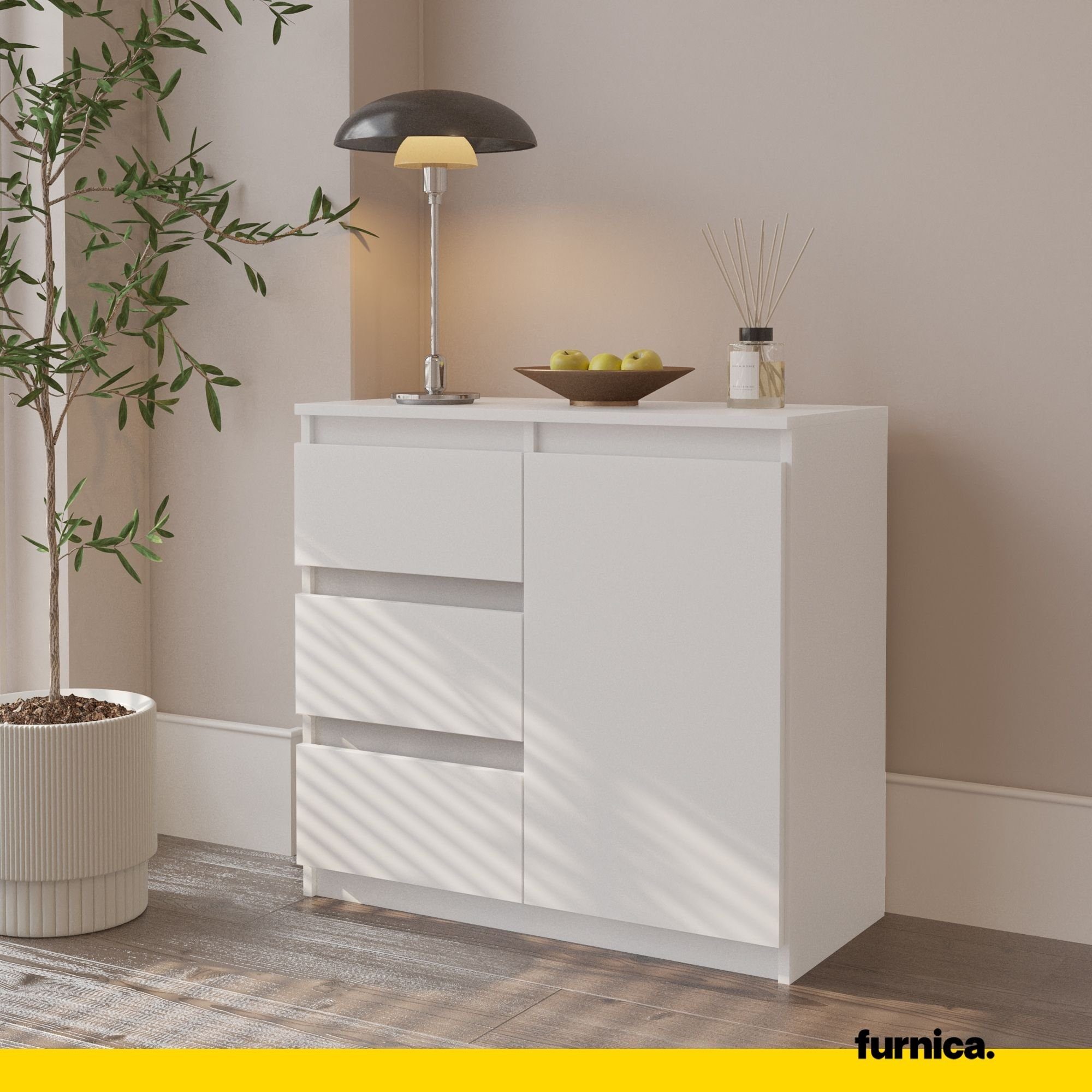 Furnica Kommode MIKEL, 3 Schubladen und 1 Tür - Weiß Matt H75cm B80cm T35cm (1 St)