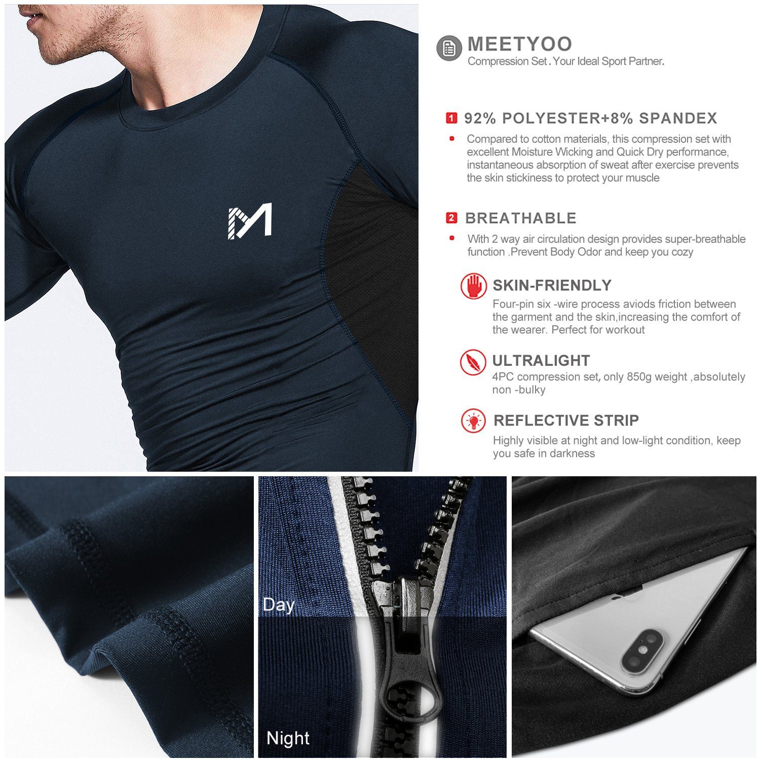 MEETYOO Trainingsanzug Herren Kompressionsshirt Leggings Laufhose Kurze Hosen (Männer Funktionsshirt Funktionswäsche, Trainingsanzug, Set), für Running Gym Fitness Sport