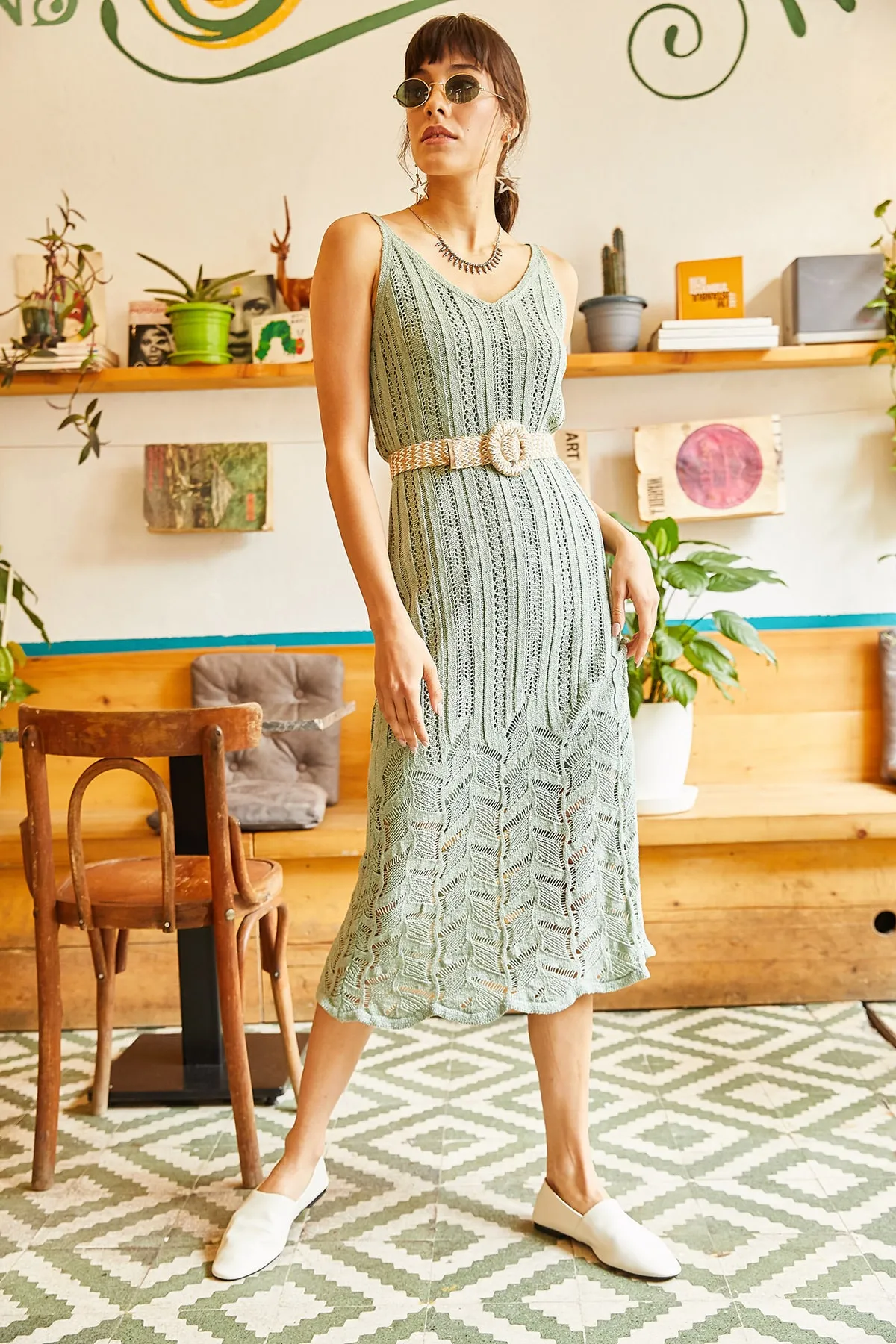 Olalook  Gefüttertes Sommer-Strickkleid für Damen in Aquagrün ELB-19001113