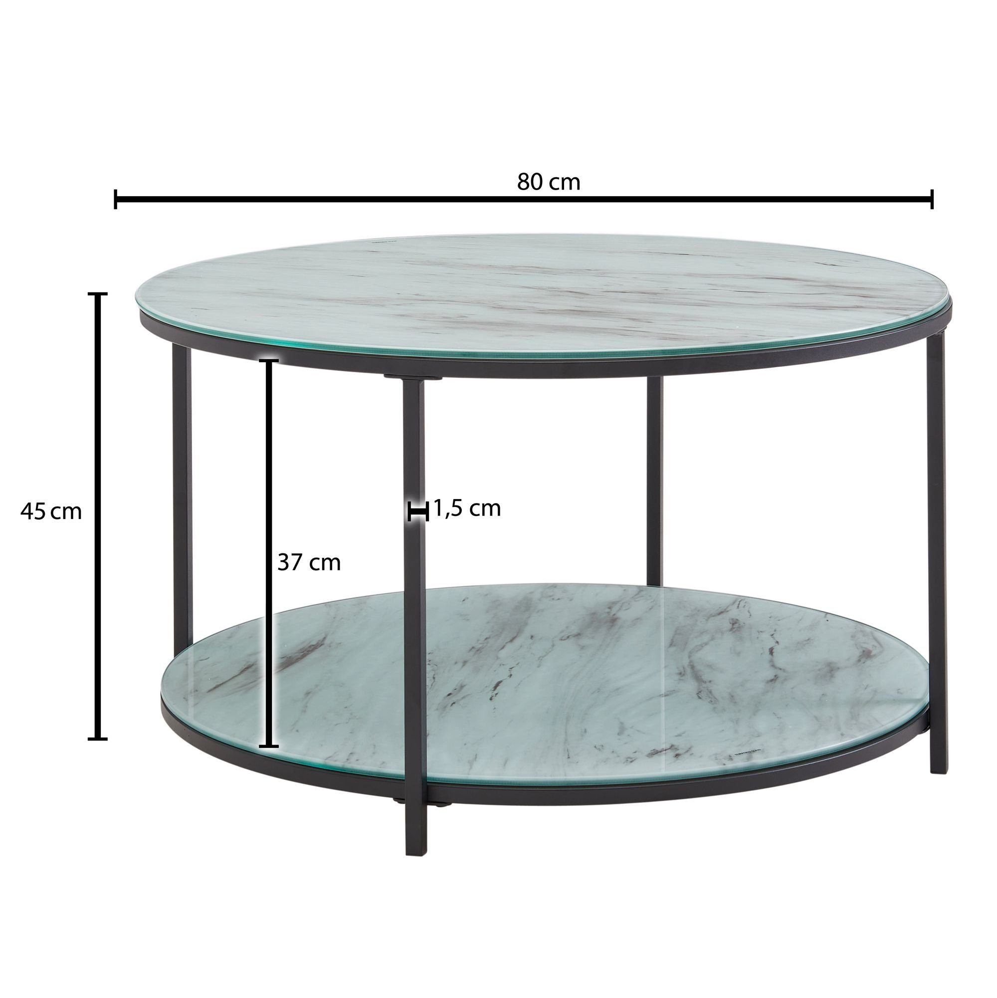FINEBUY Couchtisch FB36843 (80x80x45 cm Glas Sofatisch Rund Marmor Optik Weiß), Wohnzimmertisch Kaffeetisch mit Metall-Gestell