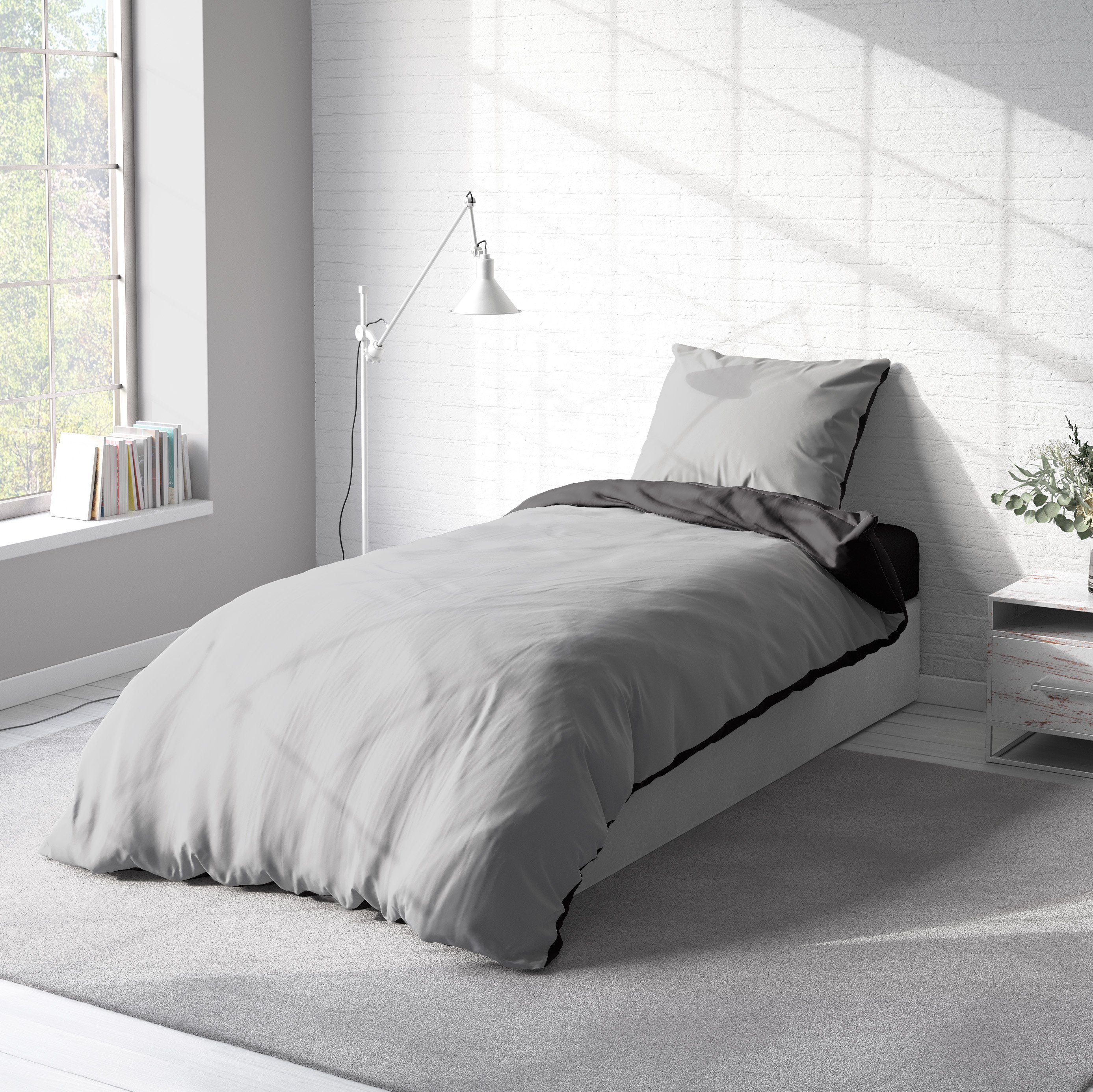 Bettwäsche Doubleface, One Home, Renforcé, 2 teilig, Uni Wende grau / anthrazit, modern Baumwolle