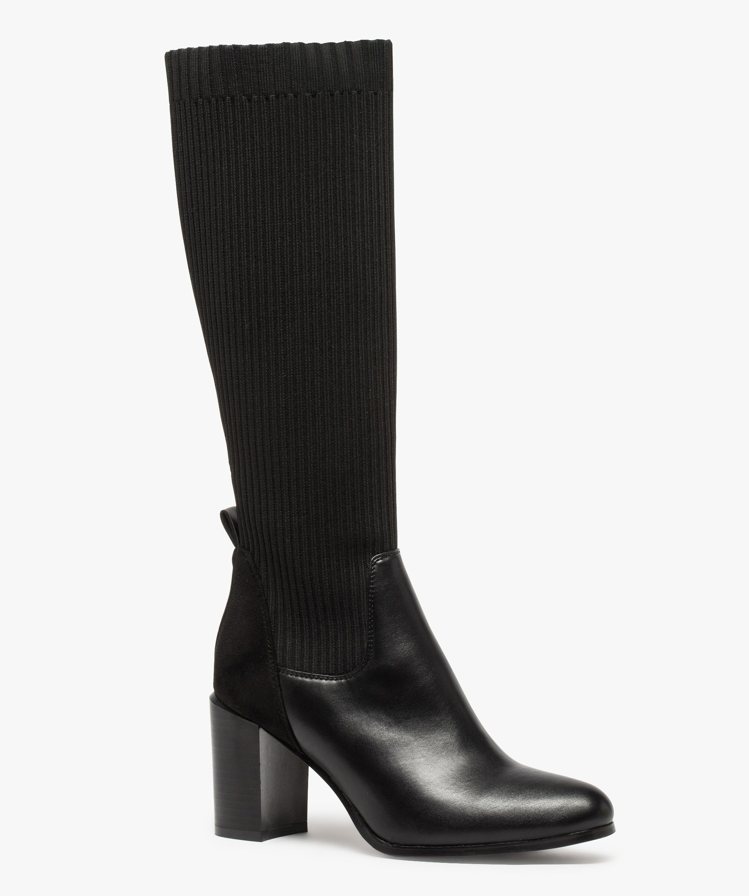 Bottes femme à talon tige chaussette en maille ctelée noir | GEMO