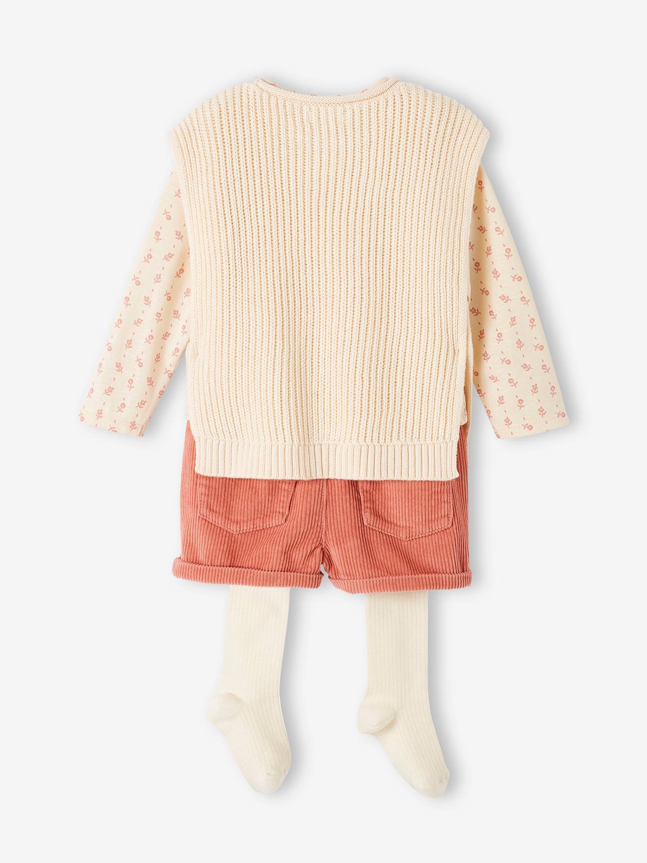 Ensemble 4 pièces bébé : T-shirt + short + pull + collant vieux rose