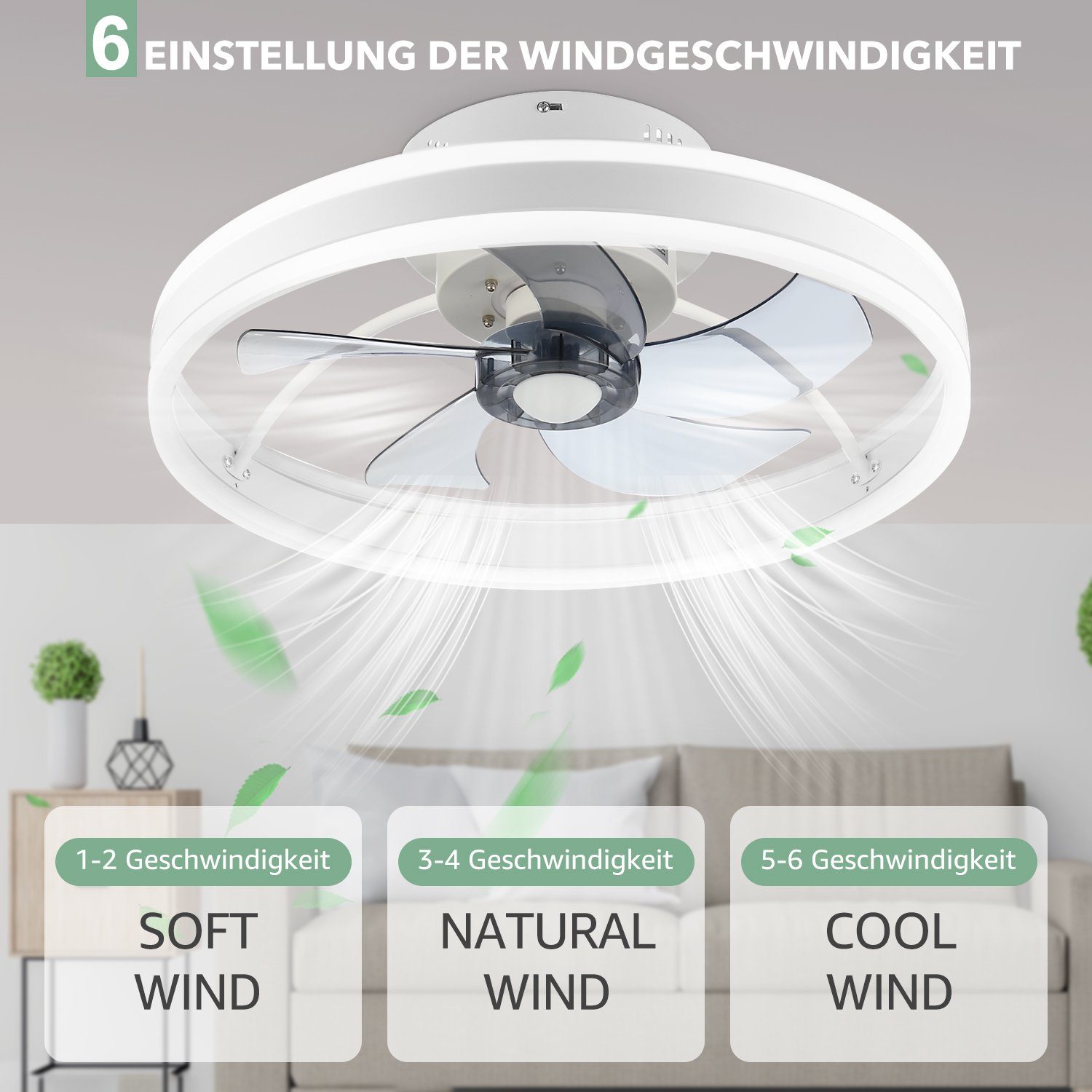 LETGOSPT Deckenventilator 36W LED Deckenlampe mit Fan, 6 Geschwindigkeiten, Deckenventilatoren Schlafzimmer Wohnzimmer Licht