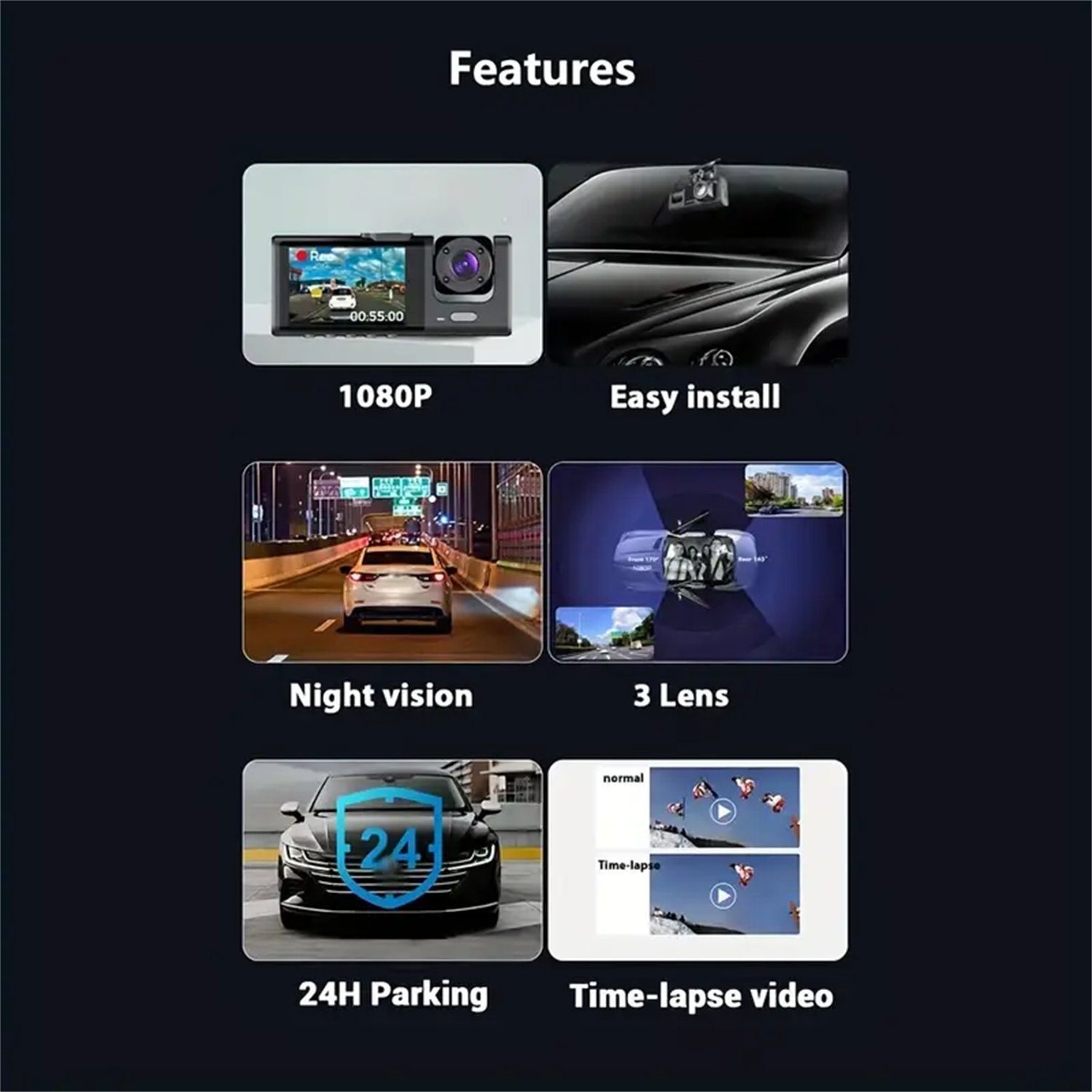 autolock 3-Kanal Dashcam vorne und hinten innen, 1080P Dashcam IR Nachtsicht Dashcam