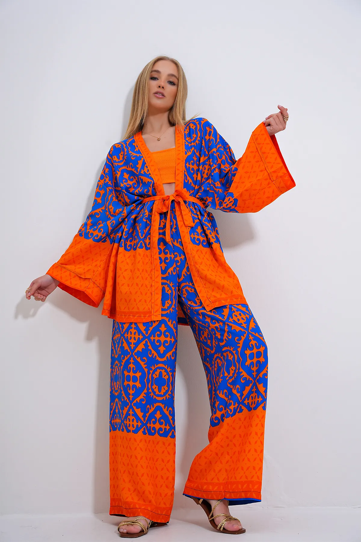 Trend Alaçatı Stili  Saks Orange Kimono und Palazzo-Hosen-Set - ALC-X11751
