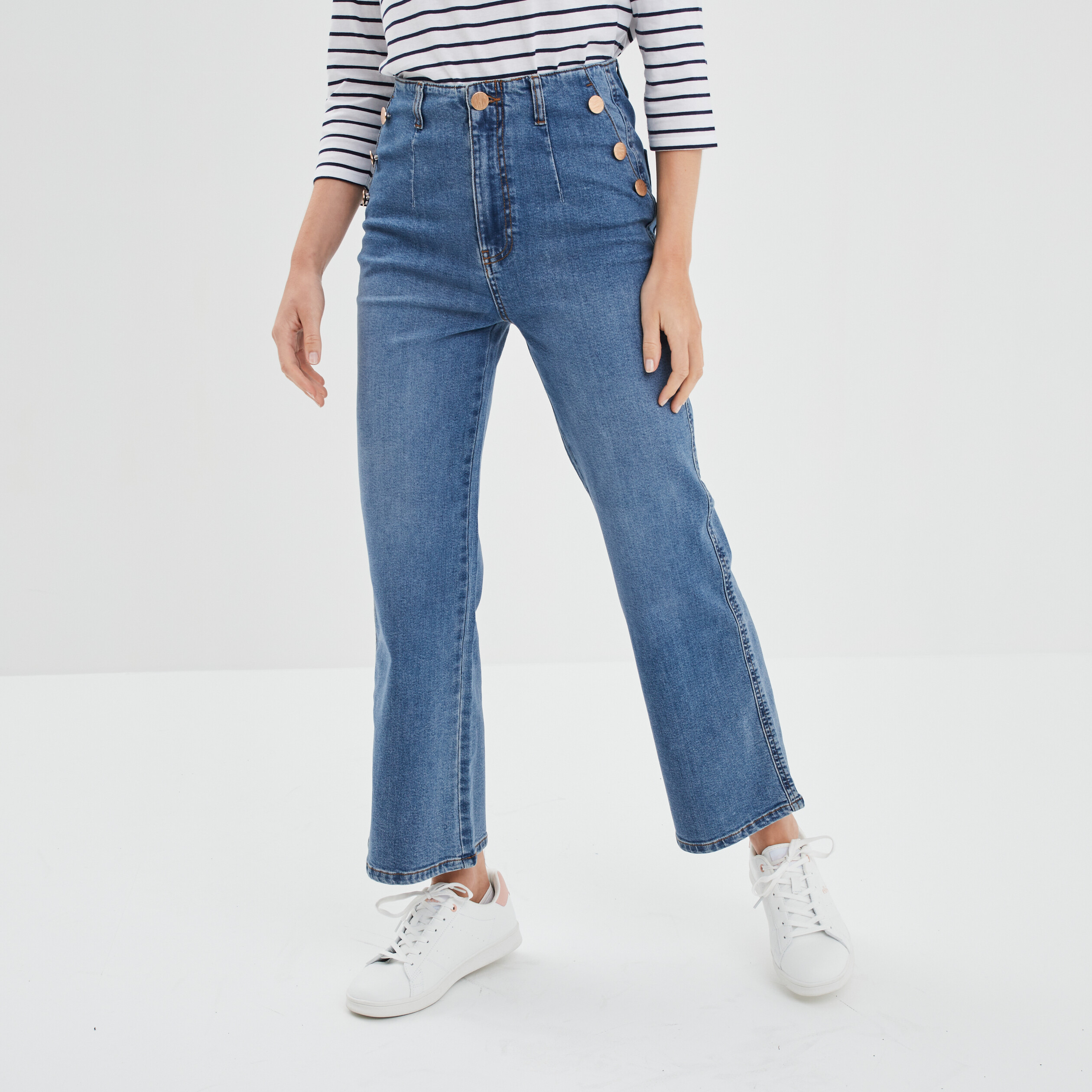 Jeans jambe large à ponts 7 8ème denim double stone femme | La Halle