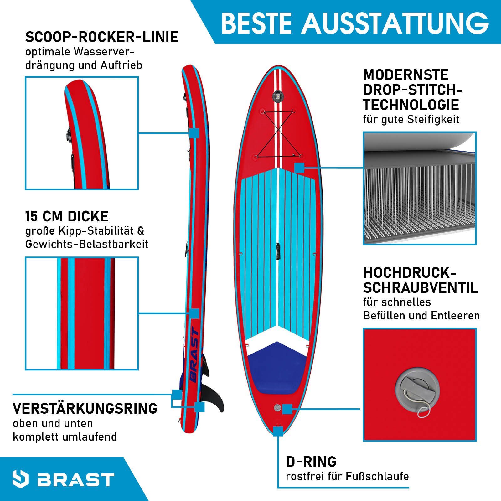 BRAST SUP-Board BRAST SUP Board SUPER Set Aufblasbares Stand up Paddle mit extra Zubehör 320x81x15cm Rot incl. Kajaksitz Kamerahalterung Paddel Fußschleife Rucksack Pumpe