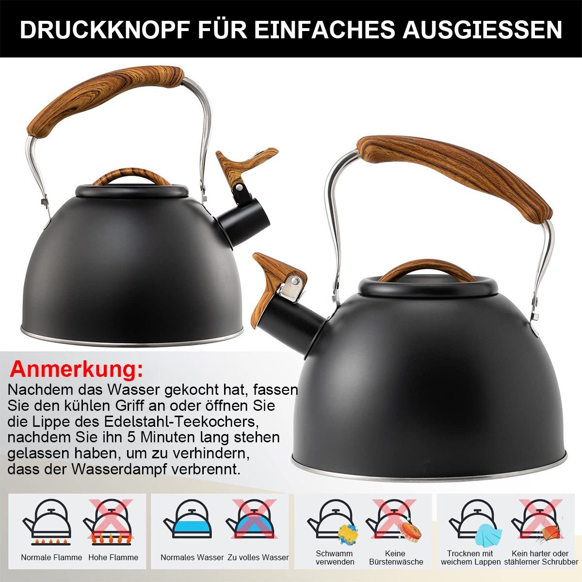 Hikeren Wasserkessel 3L Wasserkocher,Pfeifenkessel Für verschiedene Herdarten,19*22cm