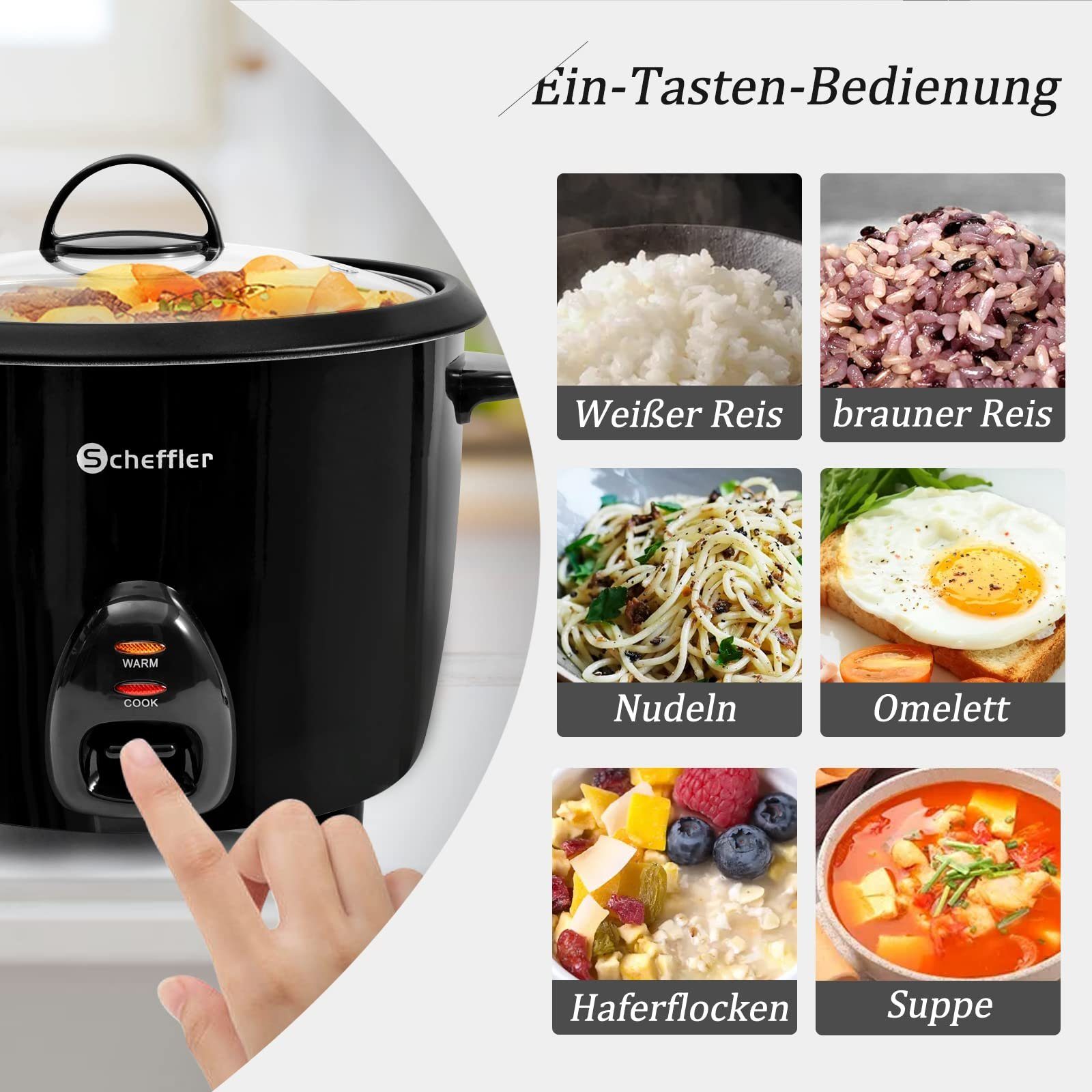 Scheffler Reiskocher 2.2-2.8L, 900-1000W, Warmhaltefunktion, Antihaftbeschichtung, inkl. Reislöffel + Messbecher
