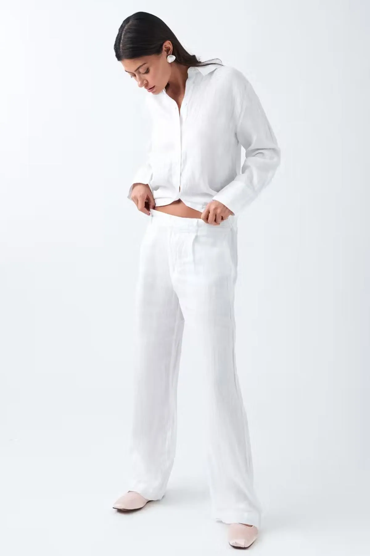 Madmext  Weiße Damenhose mit weitem Bein und Gürtel MG2021