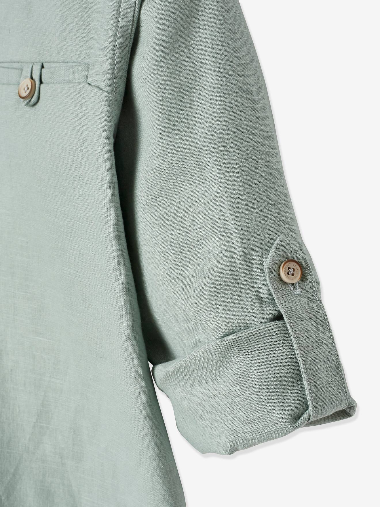 Chemise col Mao garçon en coton/lin manches longues vert