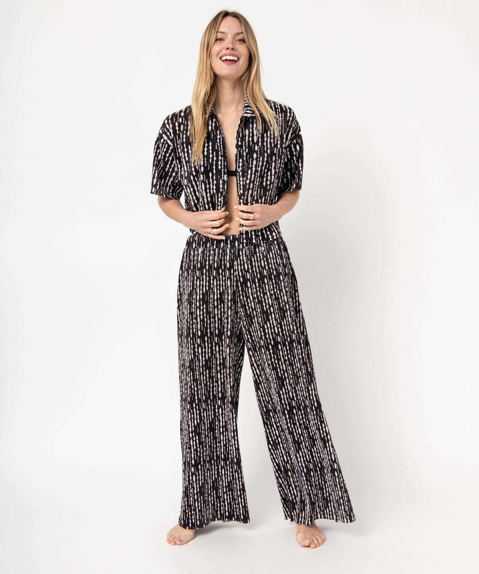 Chemise courte à manches courtes en maille plissée femme imprime | GEMO