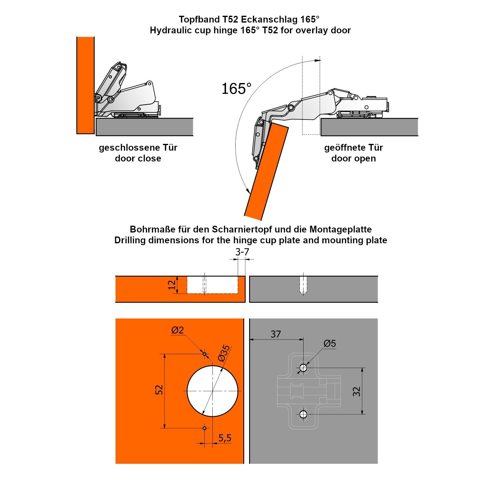SO-TECH® Möbelbeschlag Weitwinkelscharniere T52 Weitwinkel-Topfband mit Soft-Close (2 St), Eckanschlag 165° Topfscharnier inkl. Montageplatte