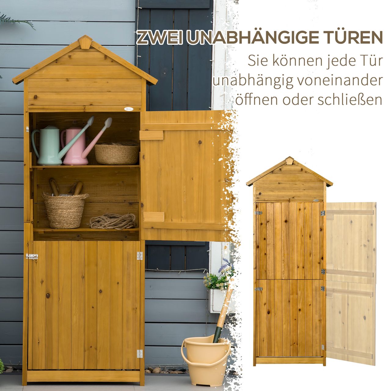 Outsunny Holz Gerätehaus Geräteschrank Gartenschrank 2 Regale wetterfest 2 Türen