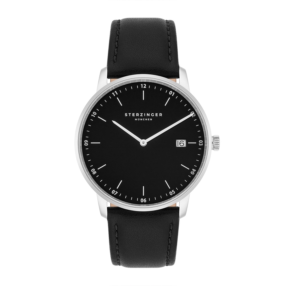 Sterzinger Montre à quartz Zeitmesser en Argent Cuir véritable en Noir Montre