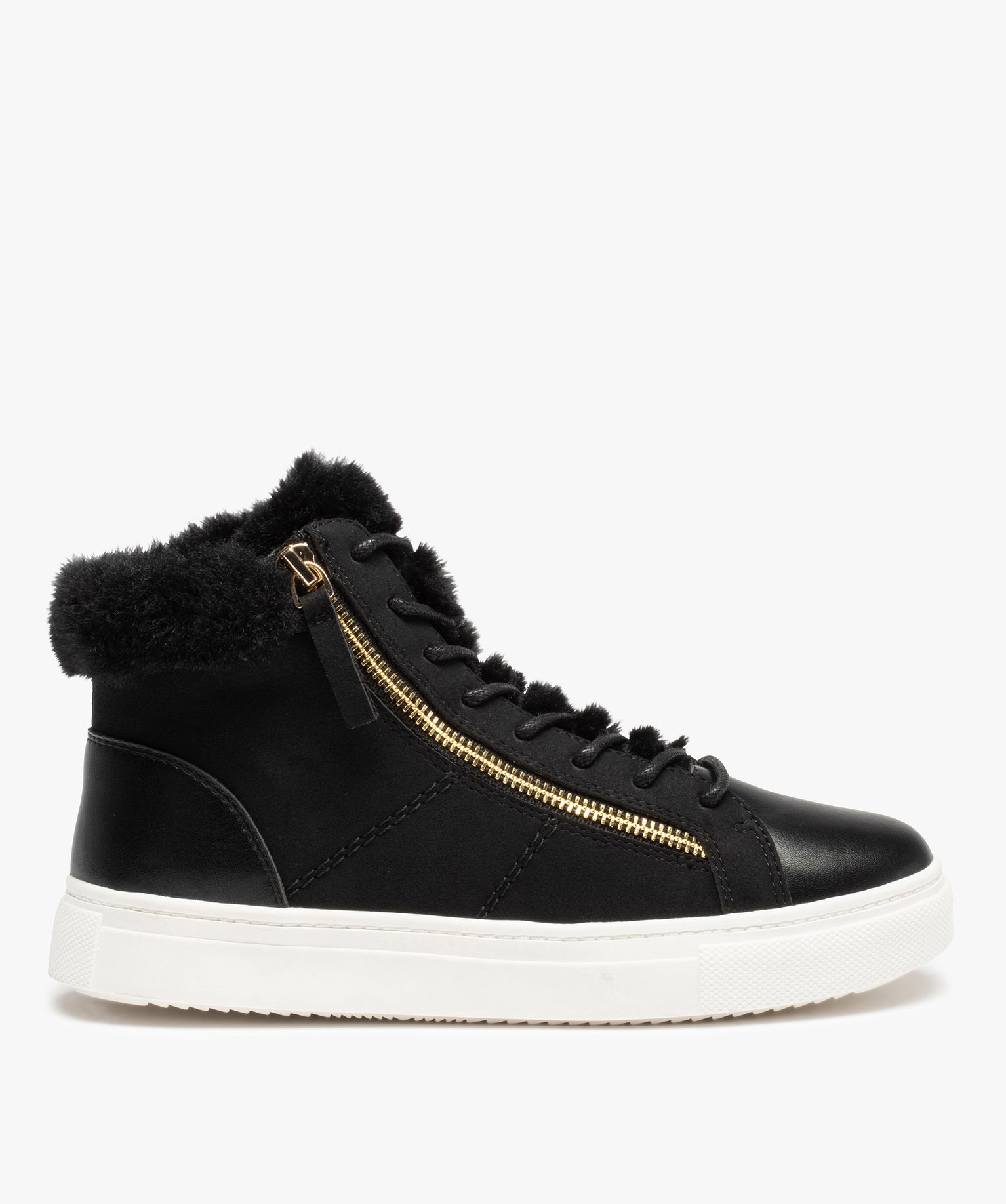 Baskets femme mid-cut unies à col fourré noir | GEMO