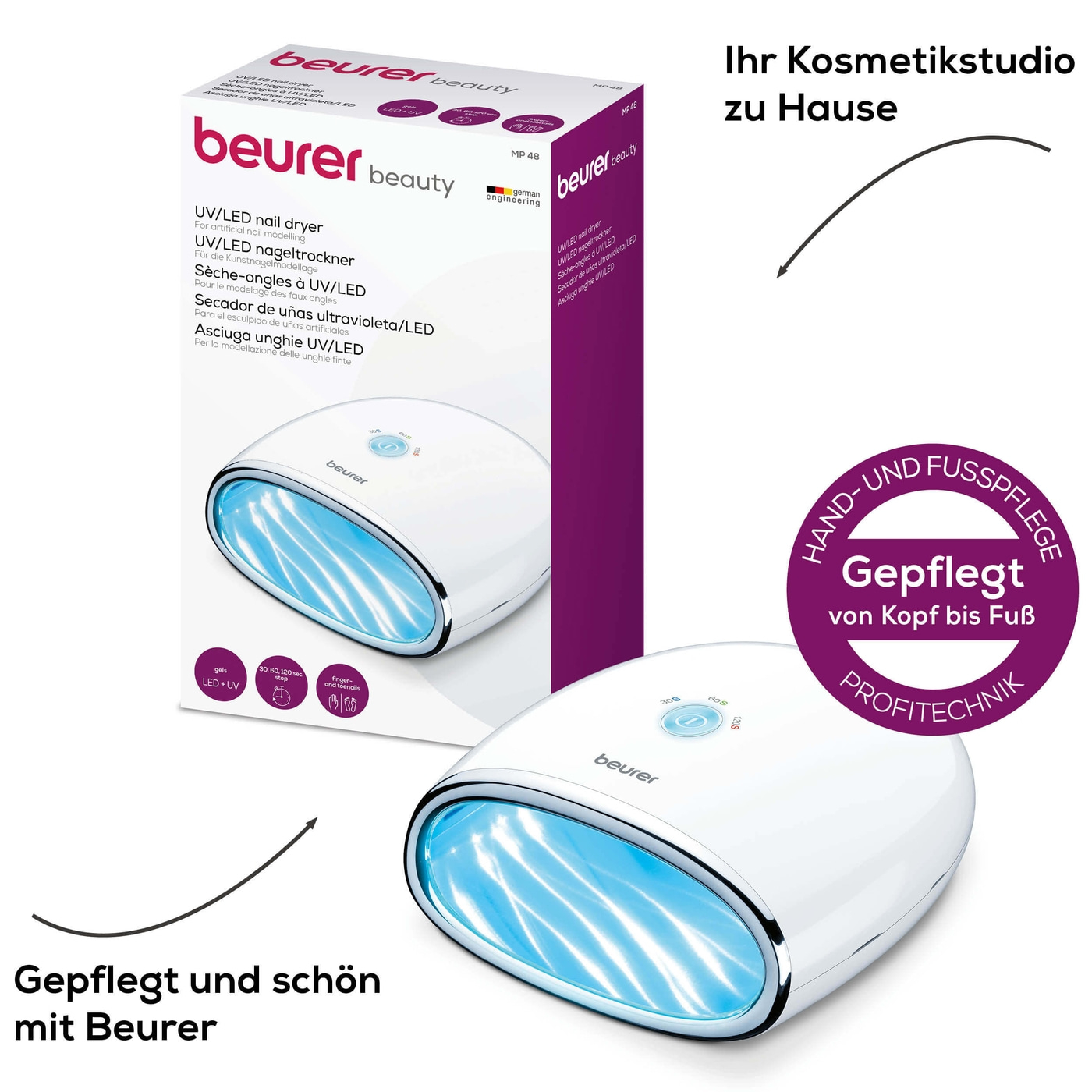 Beurer LED/UV-Nageltrockner - MP 48-Schnelles und gleichmäßiges Aushärten von Gelen mit der LED-UV-Nagellampe