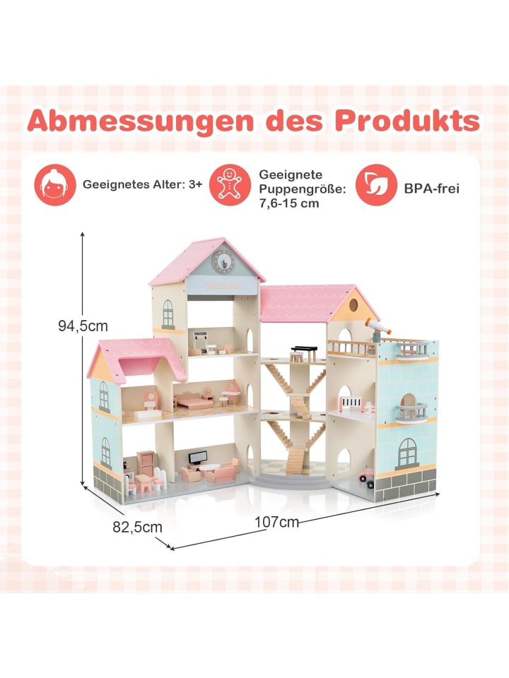 COSTWAY Puppenhaus Holz ab 3 Jahren in Rosa günstig kaufen onesize