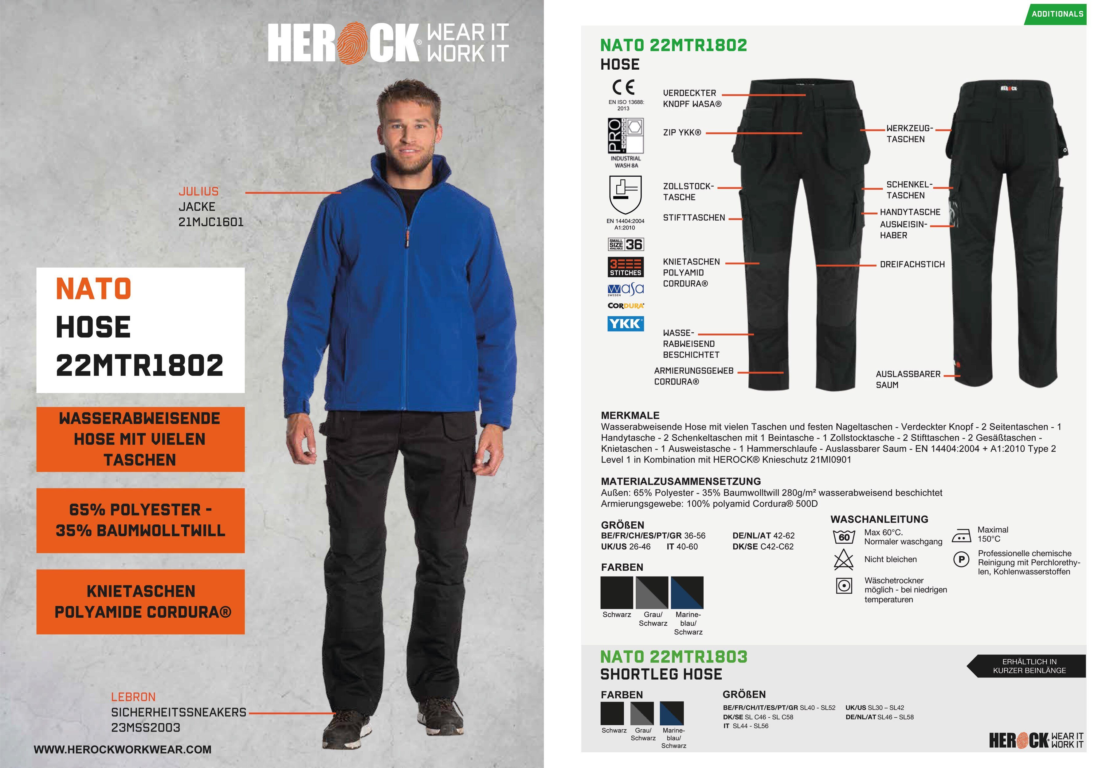 Herock Arbeitshose NATO HOSE Wasserabweisend, verdeckter Knopf, viele Taschen, 2 feste Nageltaschen