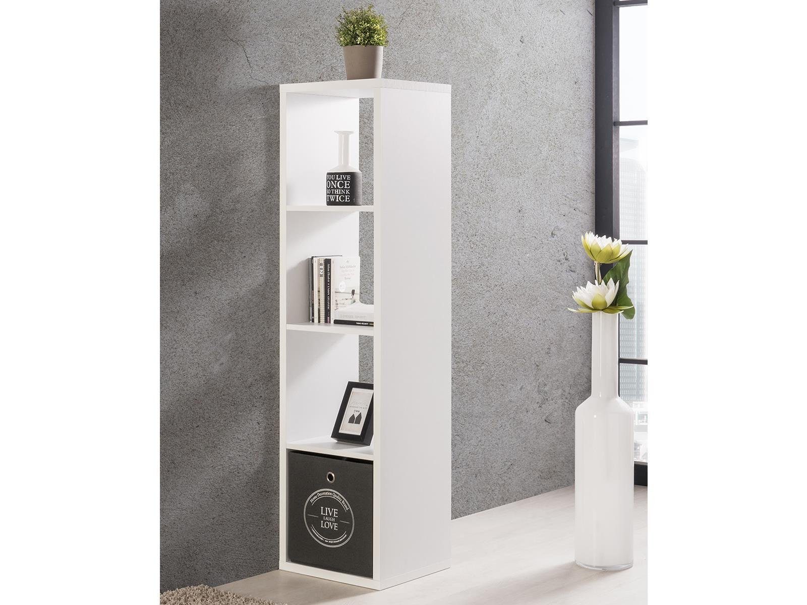 möbelando Raumteilerregal Mareen, Modernes Regal/Säule aus Spanplatte, Dekor in Weiß mit 4 Ablagefächern, Plattenstärke 25 mm. Breite 38 cm, Höhe 141 cm, Tiefe 33 cm
