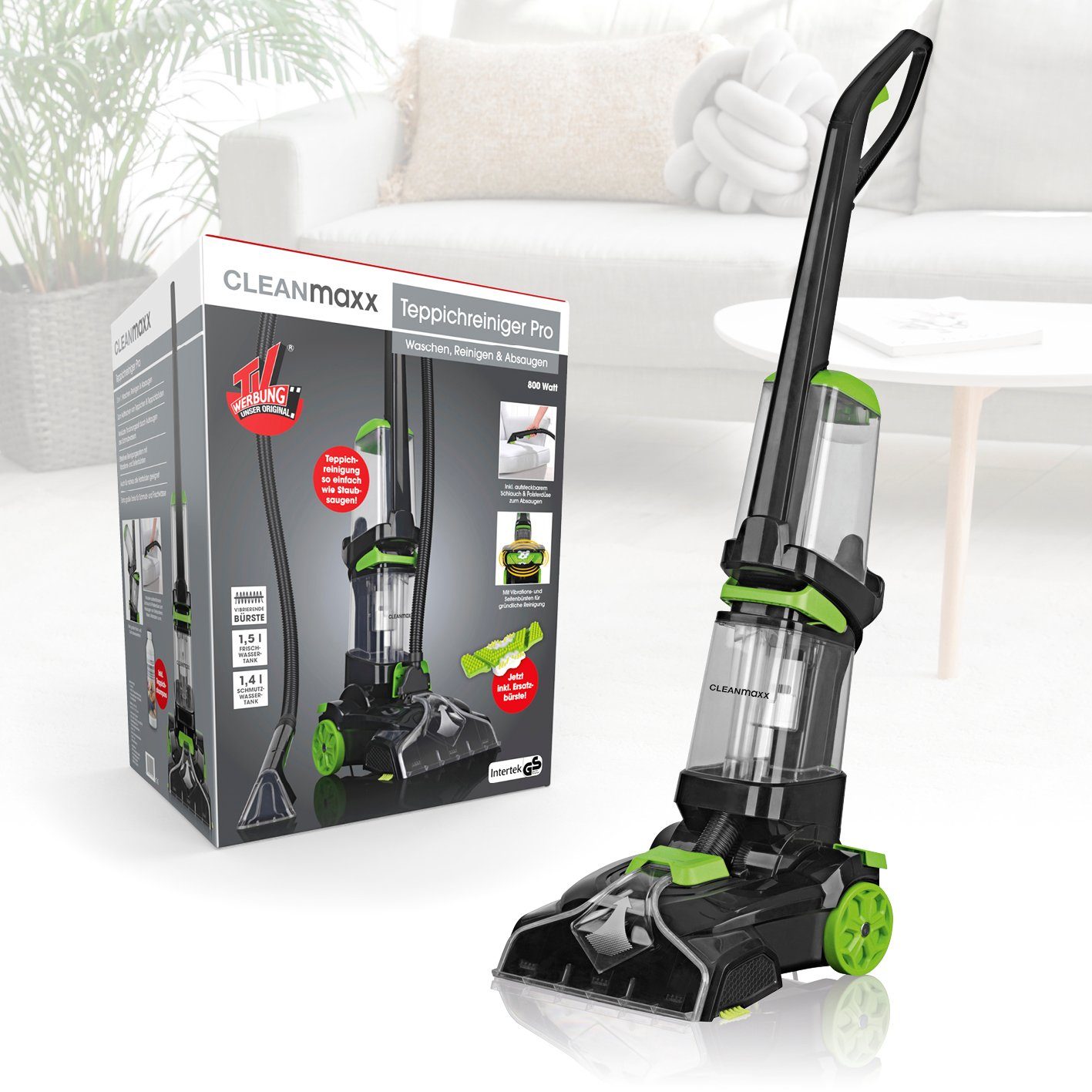 CLEANmaxx Teppichreinigungsgerät Teppichreiniger Professional Vibrations- und Seitenbürsten, 800 W, inkl. Shampoo & Ersatzbürste