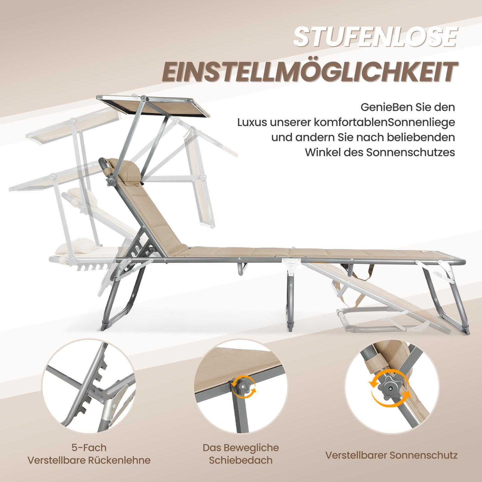 HOMECALL Gartenliege Sonnenliege AluLiege Liegestuhl Strandliege, klappbar, Textilene Mit Dickem Schwamm, Verstellbare Rückenlehne, Sonnenblende, Kopfpolster, bis 150KG