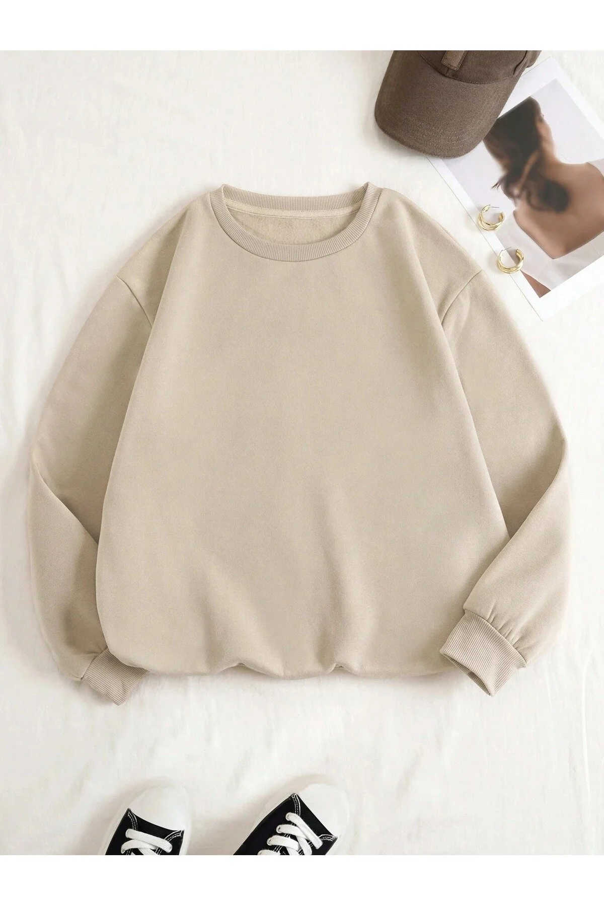 Know  Beigefarbenes, einfarbiges Damen-Sweatshirt mit Rundhalsausschnitt