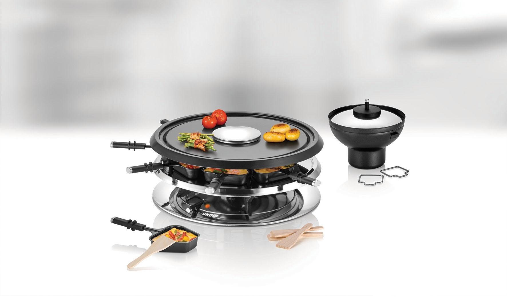 Unold Raclette und Fondue-Set Multi 4 in 1 - 48726, 8 Raclettepfännchen, 1300 W