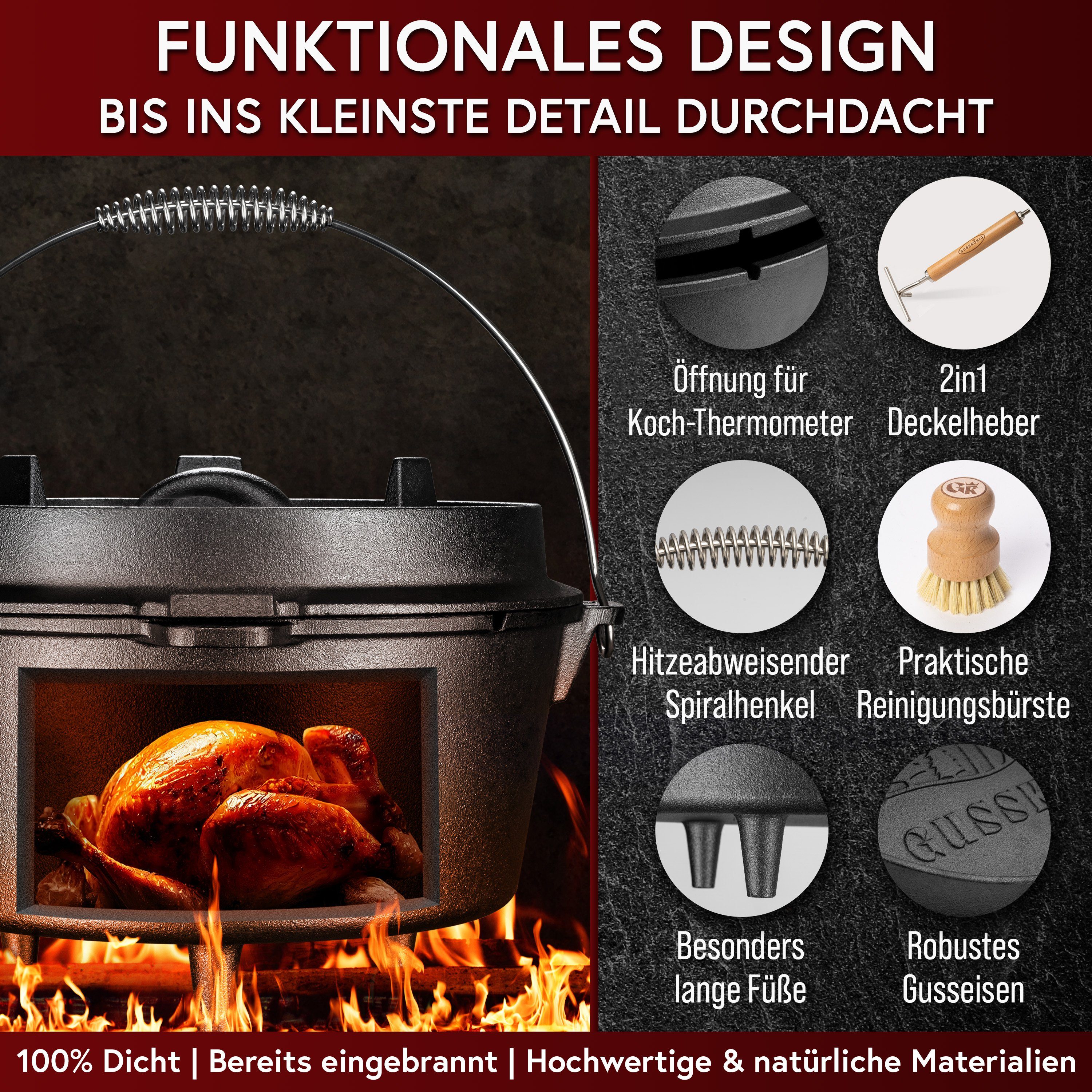 GUSSKÖNIG Grilltopf GUSSKÖNIG Dutch Oven 9L Set: inklusive Deckelheber, Bürste, Rezeptbuch