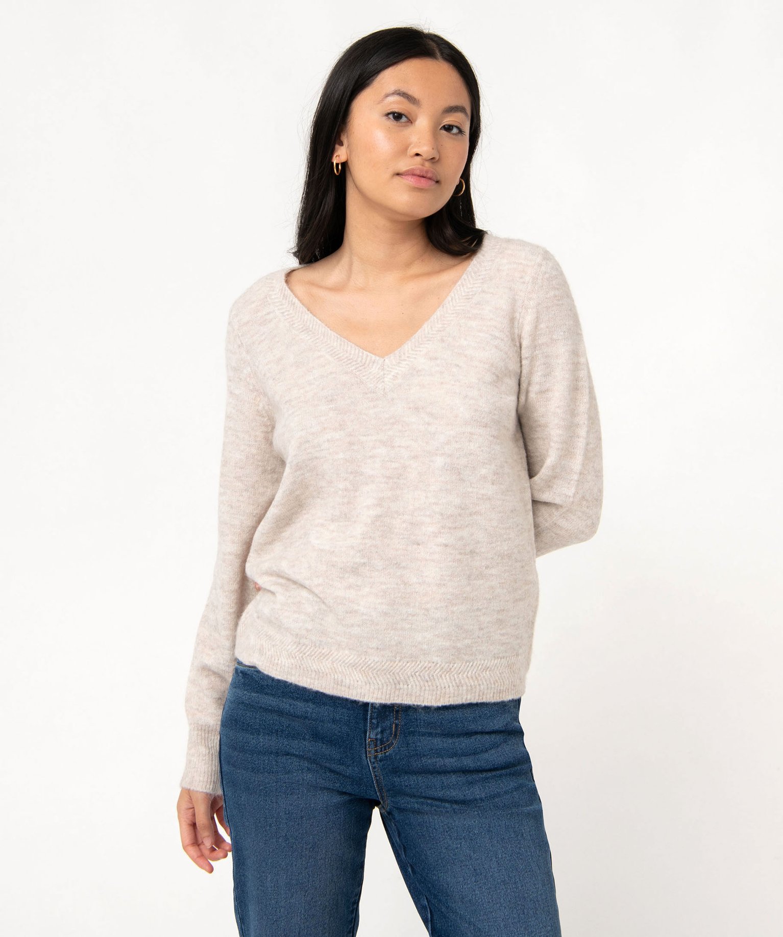 Pull femme à grand col V fantaisie ecru | GEMO