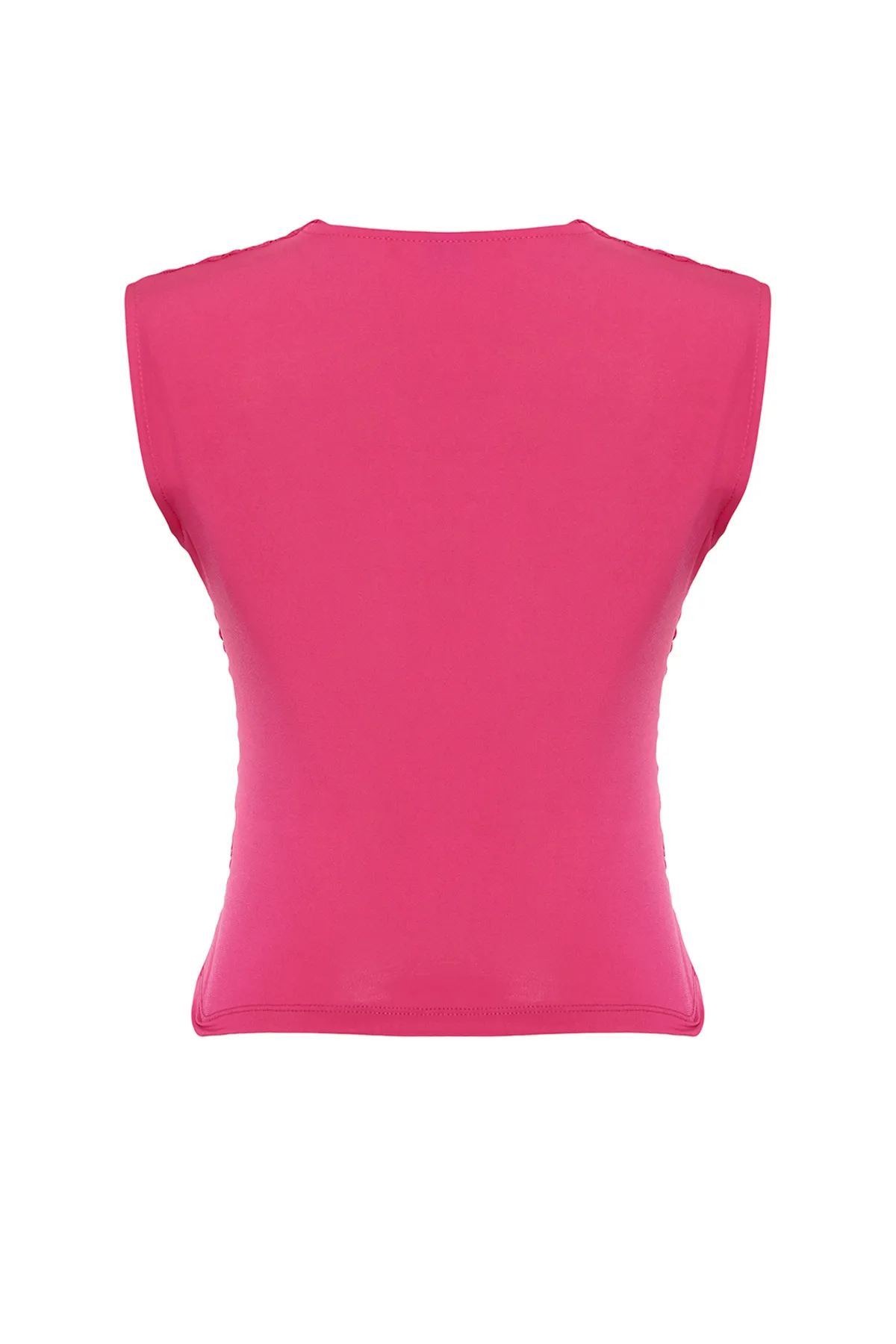 Trendyol Collection  Taillierte/körperbetonte, geraffte, detaillierte, ärmellose Stretch-Strickbluse in Fuchsia TWOSS24BZ00518