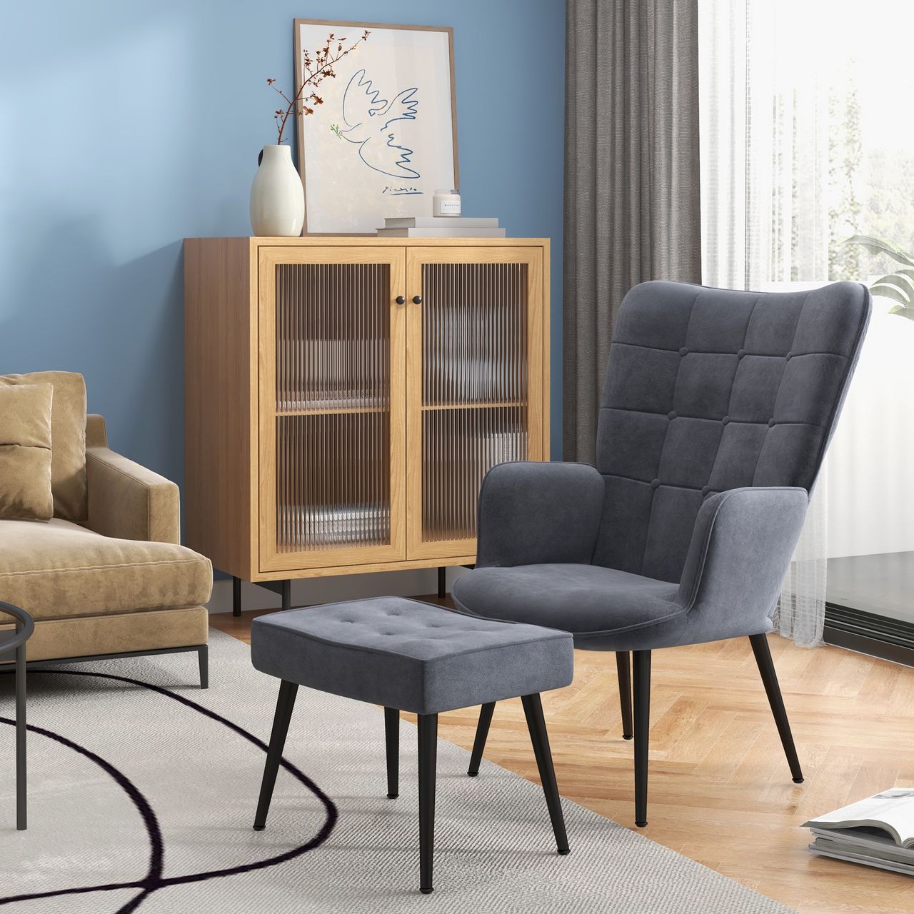 HOMCOM Relaxsessel mit Fußhocker, Relaxstuhl, Armlehensessel mit Hocker, Samt