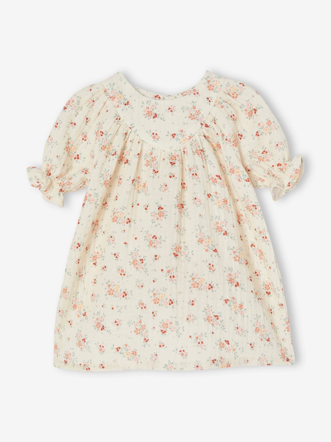 Ensemble bébé 3 pièces en gaze de coton : robe + bloomer + turban écru