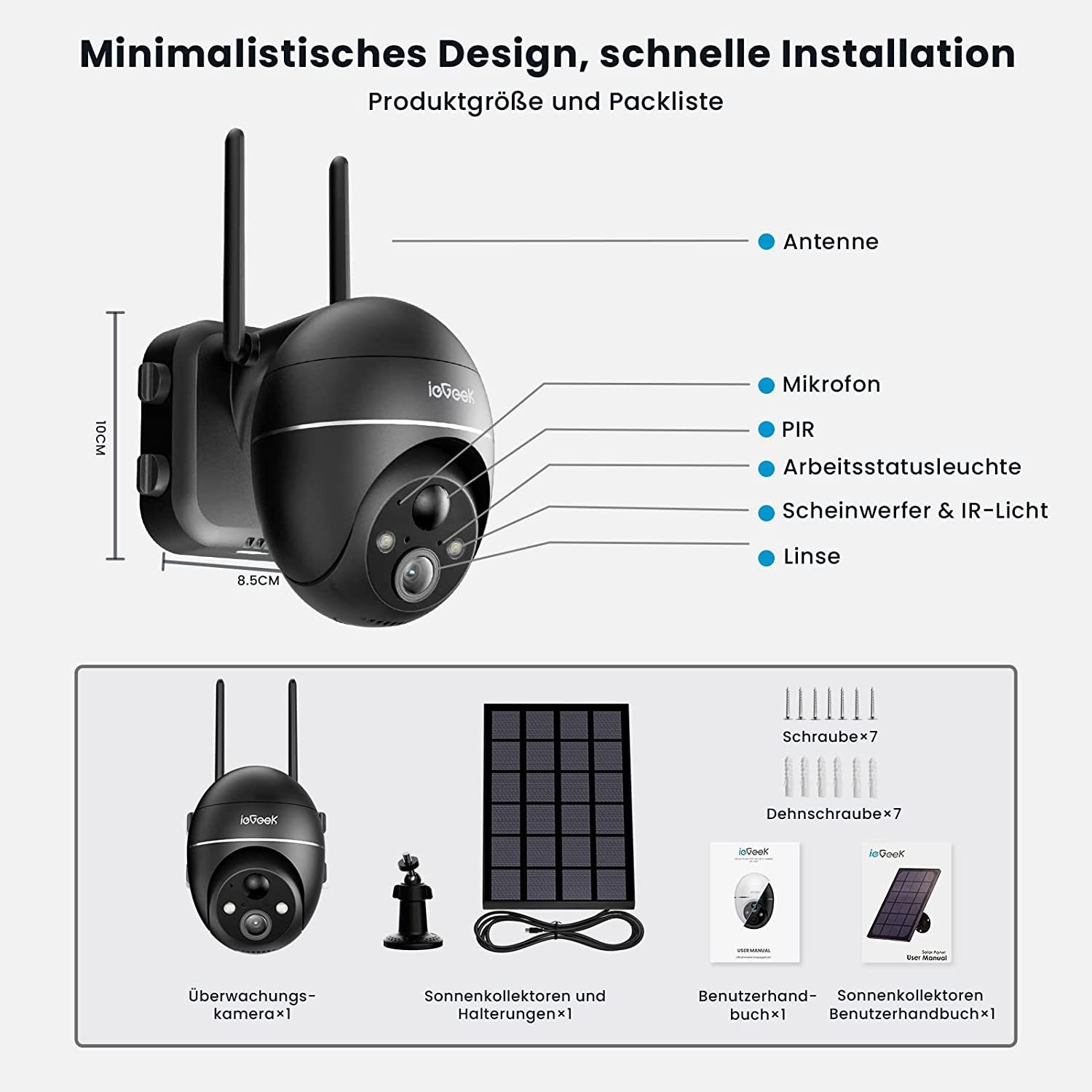 ieGeek 5MP 2K Überwachungskamera Akku PTZ Überwachungskamera WLAN Solarpanel Überwachungskamera (Außenbereic, Aussen, Außen, Innenbereich, PIR-Bewegungsmelder, 30M Farbige Nachtsicht, Zwei-Wege-Audio, 2.4GHZ WiFi, 4DBi WLAN-Antenne,Alexa Kamera, AI-A
