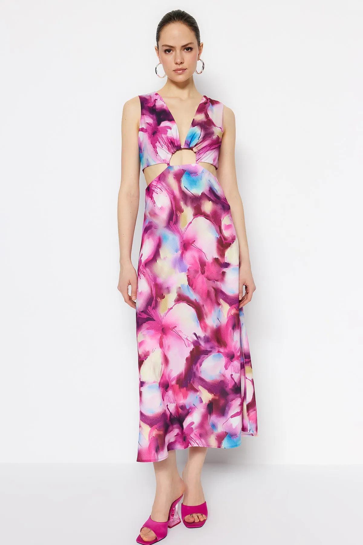 Trendyol Collection  Design Rosa A-Linie Midi gewebtes Batik-gemustertes gewebtes Kleid TWOSS21EL3578