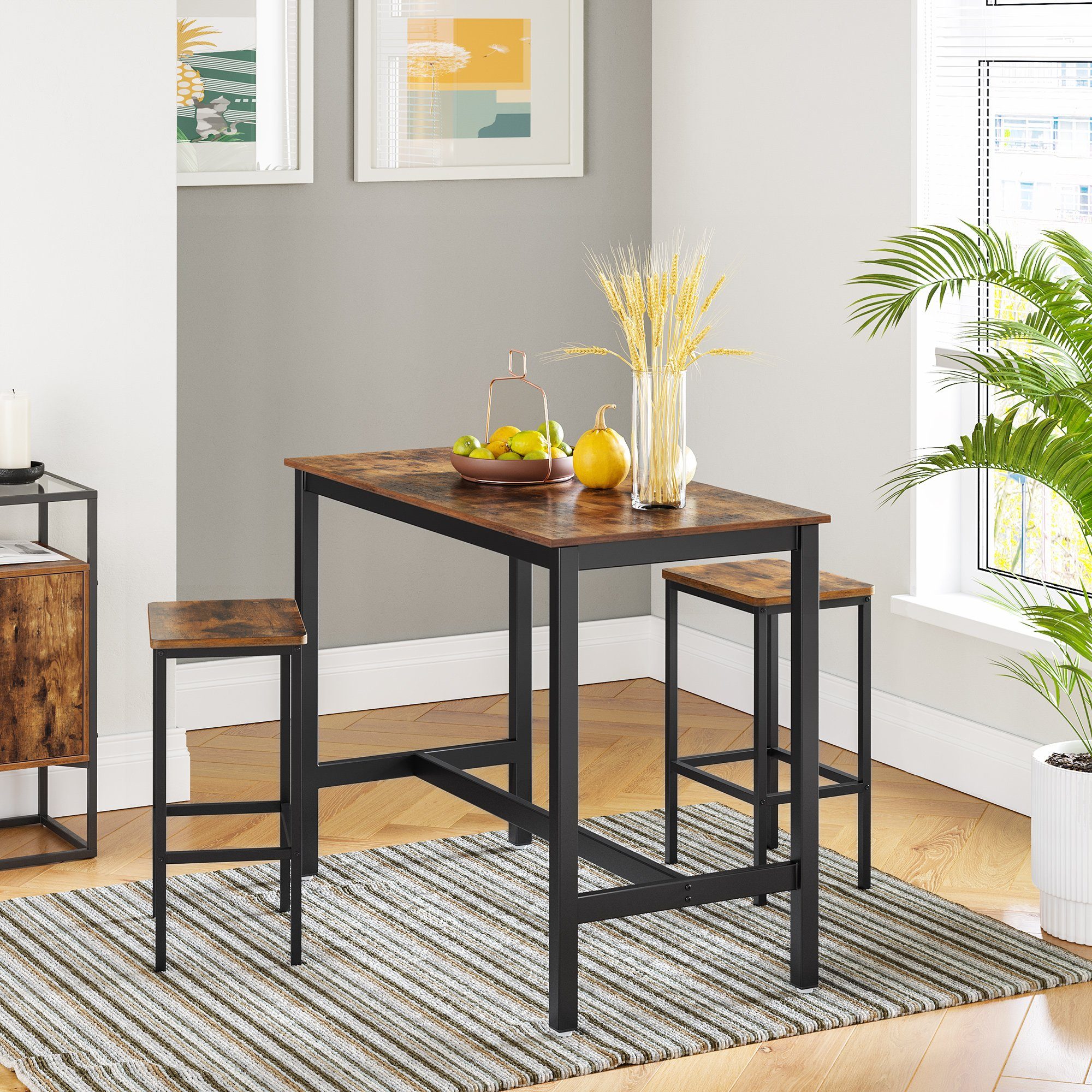 VASAGLE Bartisch Bartisch-Set, Esstisch(120 x 60 x 90 cm) mit 2 Barhochern