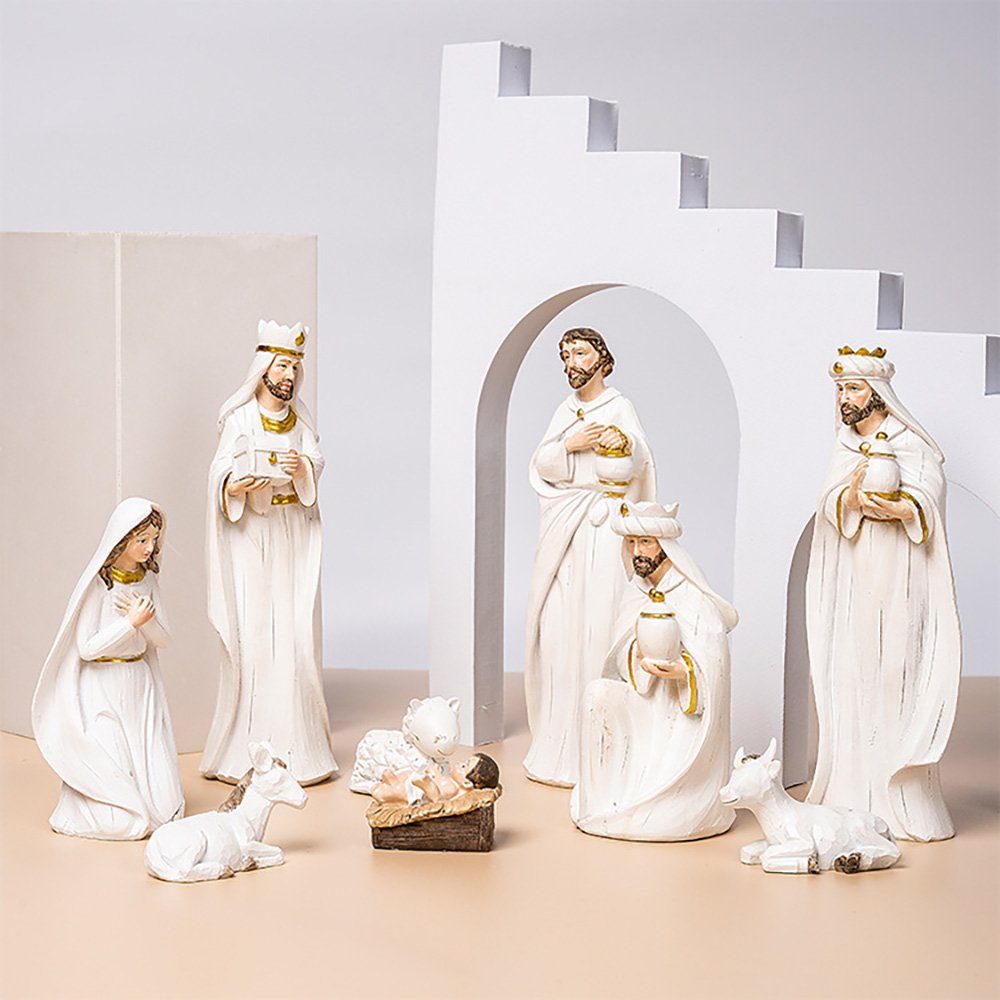 Fanci Home Weihnachtsfigur Weihnachtskrippe W4 (Weihnachtsdeko, 9 St., ca. 19cm Krippenzubehör aus Harz), Handbemalte Krippe heilige Familie Advent Dekoration