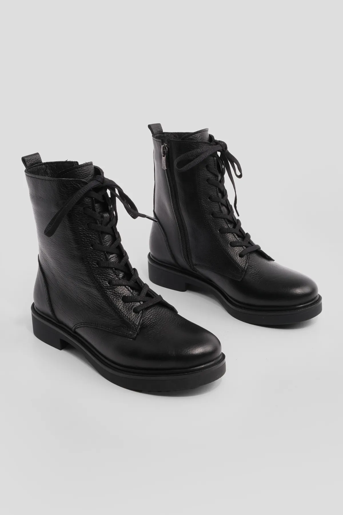 Marjin  Damen-Stiefel aus echtem Leder, Schnürung, Reißverschluss, Spitze, Schwarz