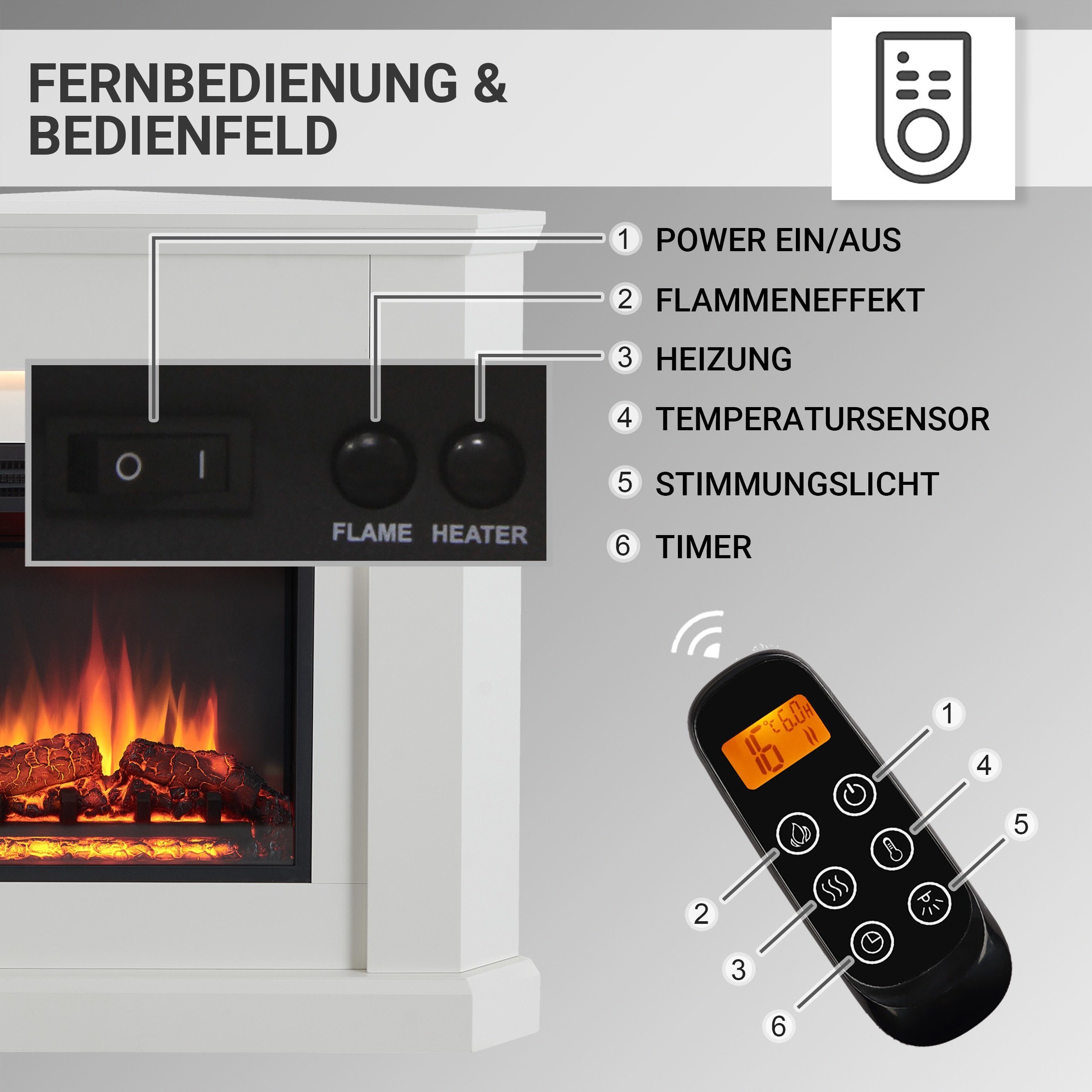 CrownFlame Elektrokamin Pegasos, Eckkamin mit Heizung 2000W, Heizung, LED-Beleuchtung, 3D-Flammeneffekt & Fernbedienung