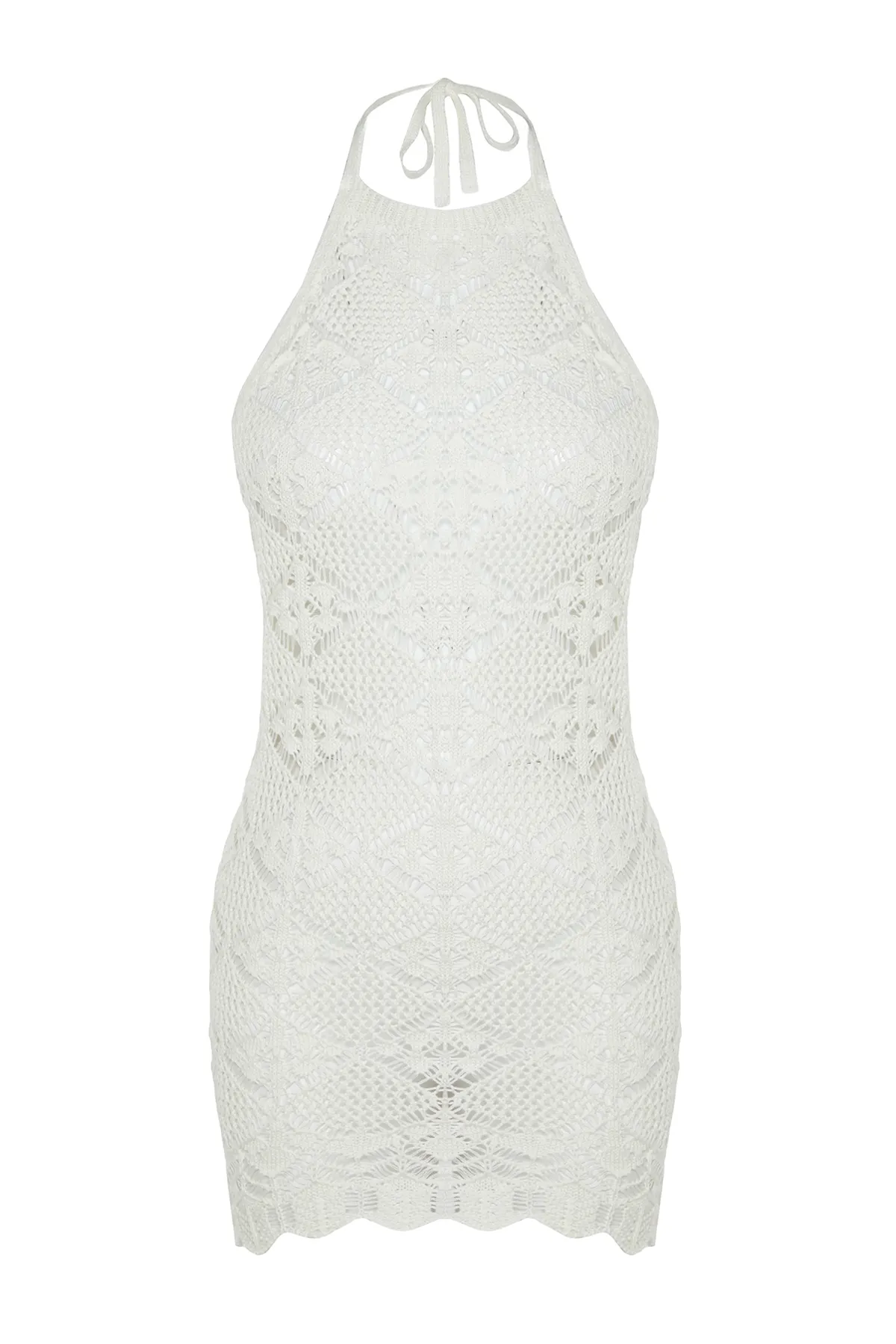 Trendyol Collection  Ecrufarbenes, figurbetontes, eng anliegendes Mini-Strandkleid mit Strickrücken und tiefem Ausschnitt in Strickoptik TBESS23EL00240