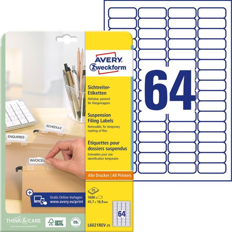 AVERY Zweckform L6021REV-25 Ablösbare Universaletiketten DIN A4 Weiß 45,7 x 16,9 mm 25 Blatt à 64 Etiketten