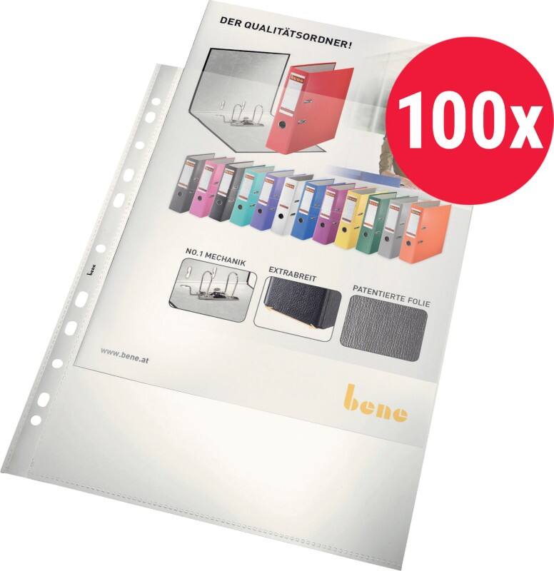 Bene Prospekthüllen DIN A4 Glasklar Transparent 110 Mikron PP (Polypropylen) Oben 11 Löcher 206825WS 100 Stück