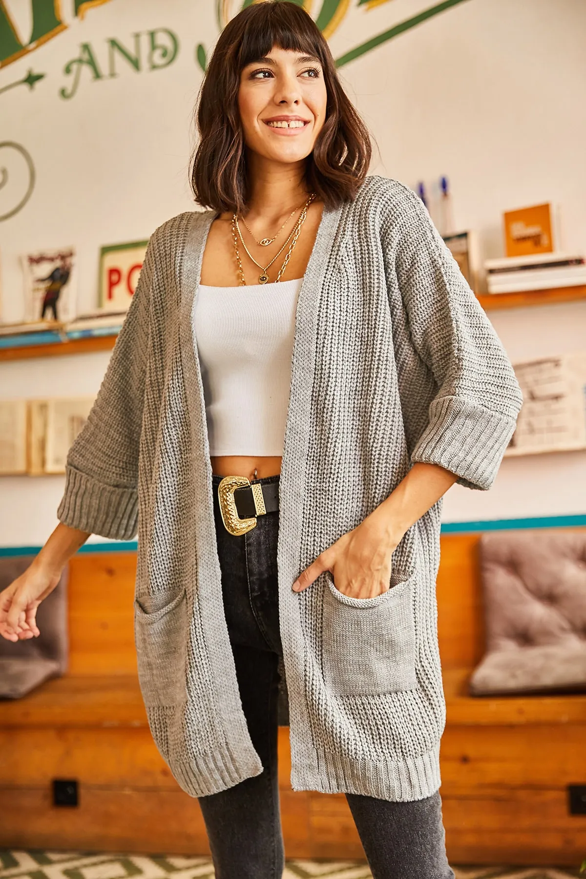 Olalook  Graue Strickjacke mit gefalteten Armtaschen für Damen HRK-19000123