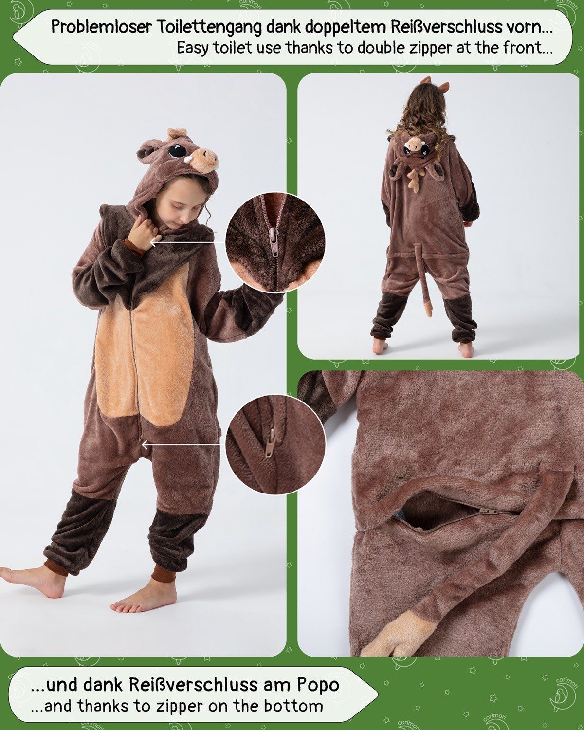 Corimori Jumpsuit Flauschiges Wildschwein-Kostüm für Kinder (2-tlg) mit Haarreif, Karneval, Fasching, Onesie, Mädchen, Jungen, Waldtiere