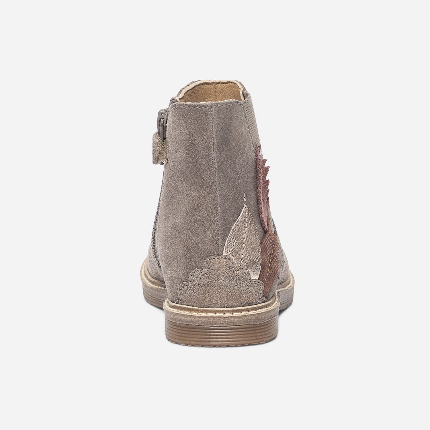 Chelsea boots taupe irisé en cuir velours avec plumes