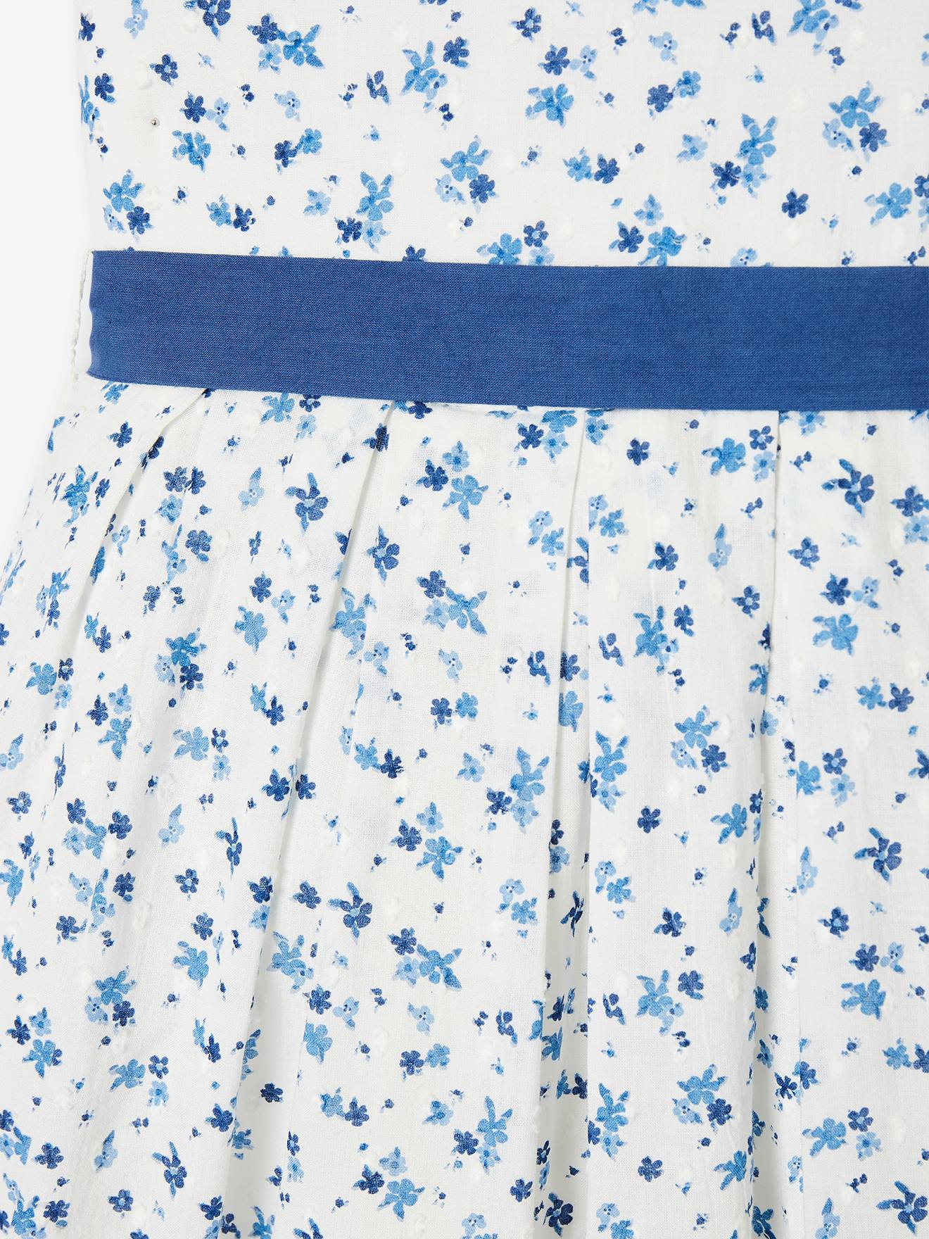 Robe de cérémonie à fleurs et plumetis fille ceinture nouée au dos écru