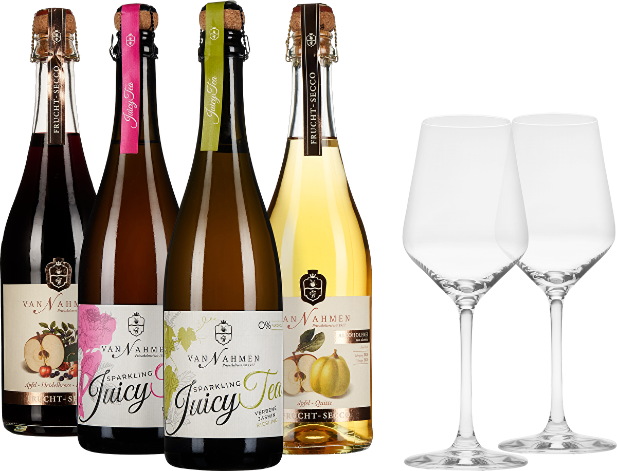 van Nahmen Frucht-Secco alkoholfrei Probierpaket  + 2 Gläser gratis