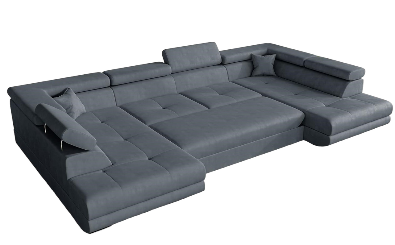 Möbel Punkt Wohnlandschaft U–Form Ecksofa Monaco Webstoff Grau mit Bett Bettkasten Kopfteilverstellung Bigsofa