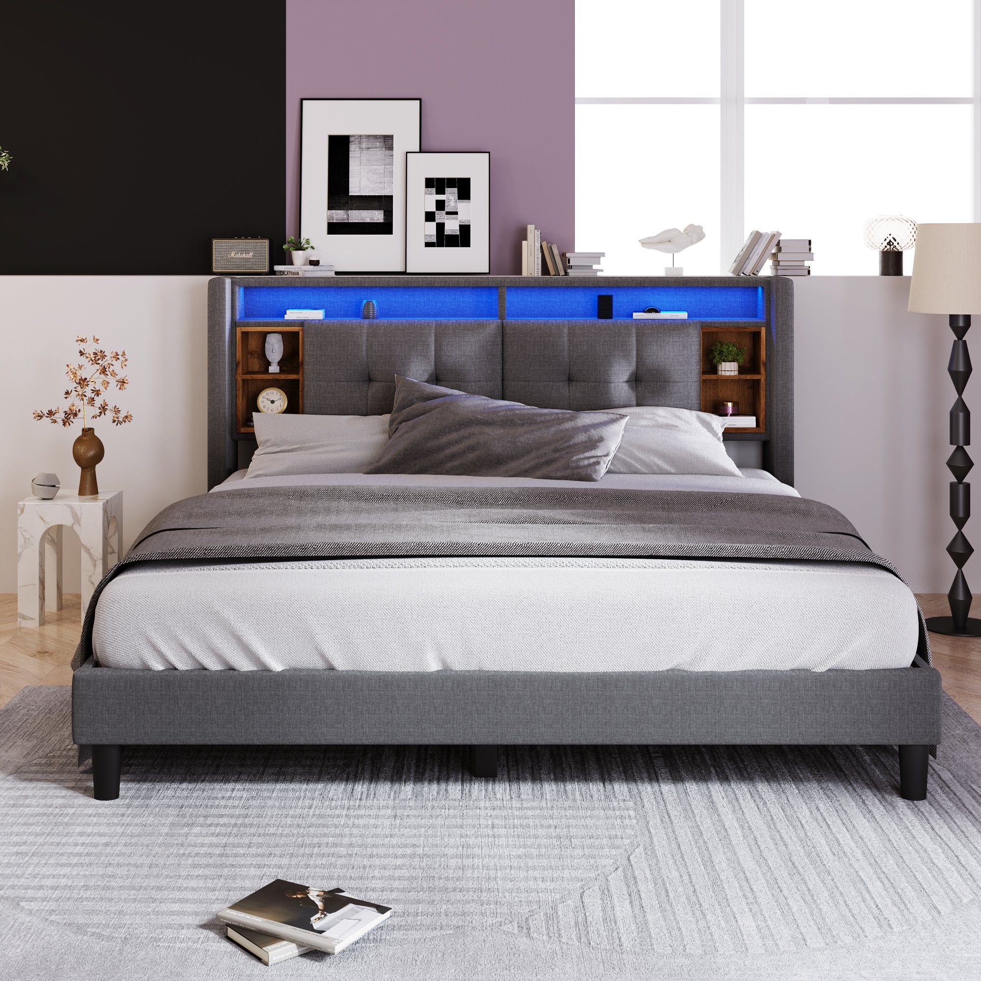 Flieks Polsterbett, LED-Beleuchtung Doppelbett mit Steckdose 140x200cm Leinen